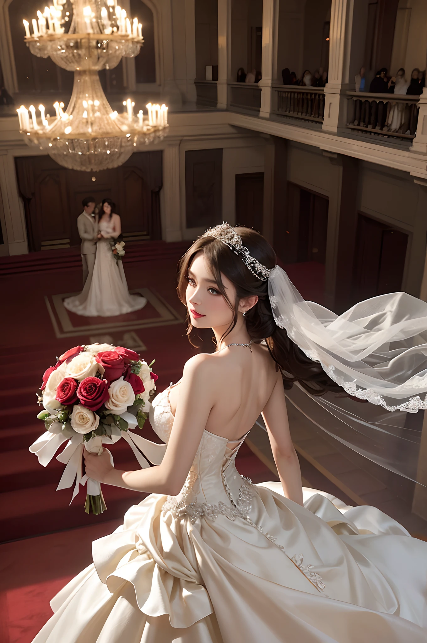 A bride stands radiantly in the center of a grand ballroom, her wedding ballgown dress cascading around her like a cloud. The dress is a breathtaking shade of ivory, adorned with delicate lace and shimmering beading. Its voluminous skirt trails behind her as she moves with grace, a vision of elegance and beauty. The bride's hair is swept up in an elegant updo, with a veil that flows down her back like a waterfall. She carries a bouquet of vibrant red roses, their rich color contrasting beautifully with the ivory of her gown. The ballroom is filled with guests who are mesmerized by the bride's beauty, their eyes following her every move. The atmosphere is one of joy and celebration, as everyone gathers to witness the union of two hearts.