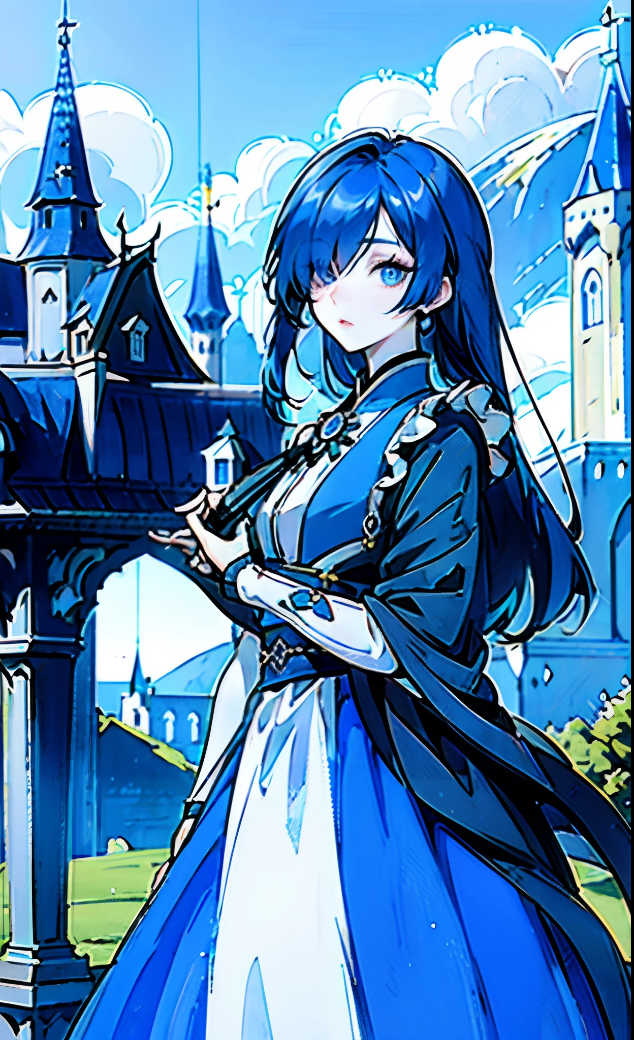 hair over one eye, blue hair, blue eyes, dress, Pale skin, outdoors, castle, looking at viewer, --niji 5 --style cute --ar 2:3