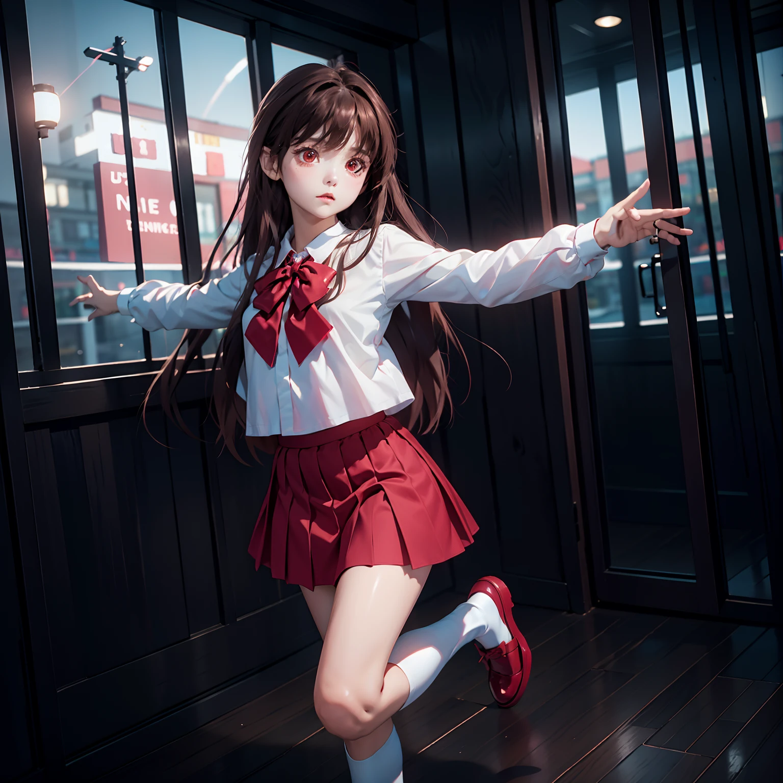 masterpiece, best quality, (Red bow on neck), , White blouse , dynamic pose, brown hair, art galley, red eyes, red skirt, red shoes, town, realistic