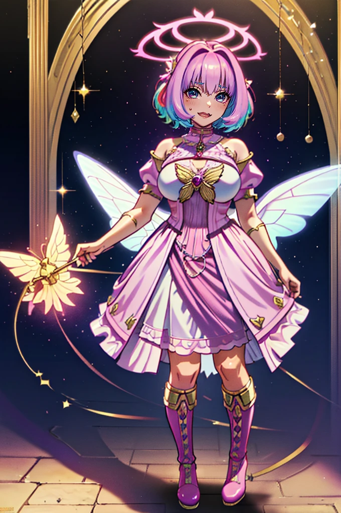 (best quality,masterpiece:1.2),intricate details,beautiful detailed eyes,beautiful detailed lips,extremely detailed eyes and face,longeyelashes,riamu, modeseven,super curvy,comic style,vibrant colors,standing,innocent, full body, standing, smile, princess dress, noble clothing, holy angel magicalgirl, open mouth fang, holy haura, halo, smile, joyfull, paladin, staff holding, full body , boots, standing,cute,breast, curvy, female,fantasy goddess,there is a cartoon picture of a woman with a very large breast, glowing angelic being, glowing holy aura, inspired by Luma Rouge, the non-binary deity of spring, ethereal rainbow nimbus, the butterfly goddess of fire, inspired by Marie Angel, glowing aura around her, astral fairy, as the goddess of the sun, “uwu the prismatic person, big breast, happy, beautiful eyes, , full body, walking, long robe, long dress, ,priestess ,holy, smile