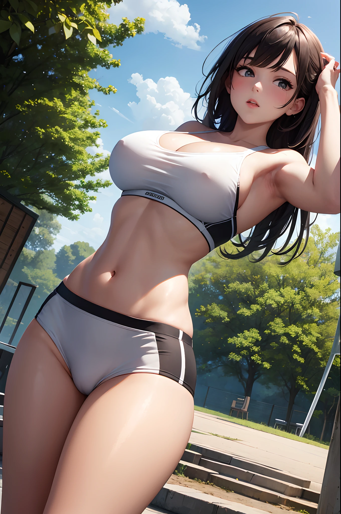 masterpiece,best quality,1girl,large breasts,outdoors,sport bra