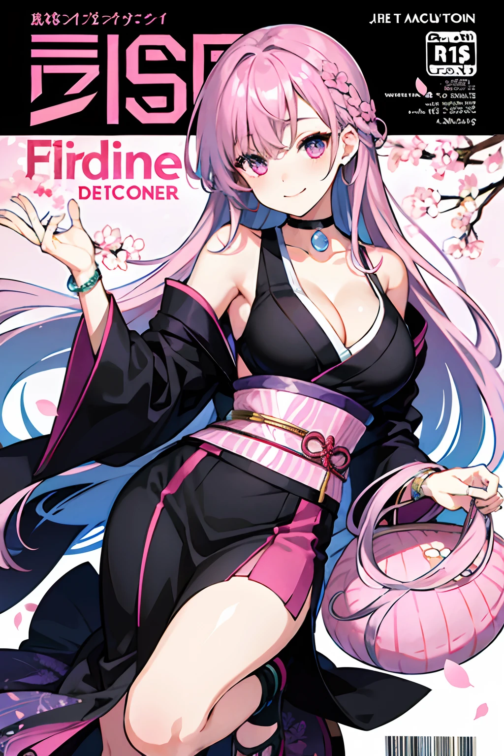 masterpiece, best quality, full body,
1girl, bangs, black choker, black necktie, {{purple hair}}, light pink hair highlights, gradient hair, light pink eyes, blush, bracelet, large breasts, cleavage, choker, collarbone, ear piercing, eyebrows visible through hair, gyaru, jewelry, kogal, very long hair, looking at viewer, piercing, ring, kimono, smile, solo,
street, sky, cherry blossoms, petals,illustration, (magazine:1.3), (cover-style:1.3), fashionable, woman, vibrant, outfit, posing, front, colorful, dynamic, background, elements, confident, expression, holding, statement, accessory, majestic, coiled, around, touch, scene, text, cover, bold, attention-grabbing, title, stylish, font, catchy, headline, larger, striking, traditional, trendy, focus, fashion,
