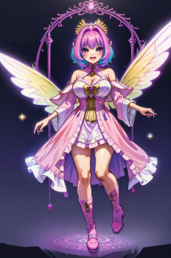 SeaArt Bot Upscaling Default 11:55:09 (best quality,masterpiece:1.2),intricate details,beautiful detailed eyes,beautiful detailed lips,extremely detailed eyes and face,longeyelashes,riamu, modeseven,super curvy,comic style,vibrant colors,standing,innocent, full body, standing, smile, princess dress, noble clothing, holy angel magicalgirl, open mouth fang, holy haura, halo, smile, joyfull, paladin, staff holding, full body , boots, standing,cute,breast, curvy, female,fantasy goddess,there is a cartoon picture of a woman with a very large breast, glowing angelic being, glowing holy aura, inspired by Luma Rouge, the non-binary deity of spring, ethereal rainbow nimbus, the butterfly goddess of fire, inspired by Marie Angel, glowing aura around her, astral fairy, as the goddess of the sun, “uwu the prismatic person, big breast, happy, beautiful eyes, , full body, walking, long robe, long dress, ,priestess ,holy, smile