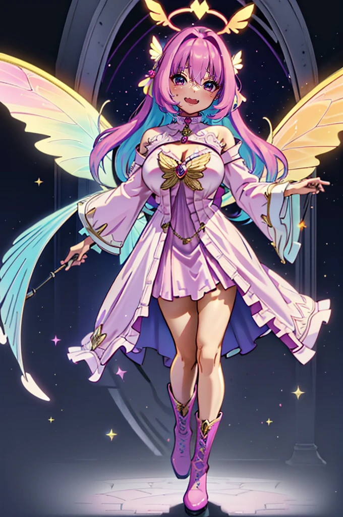 (best quality,masterpiece:1.2),intricate details,beautiful detailed eyes,beautiful detailed lips,extremely detailed eyes and face,longeyelashes,riamu, modeseven,super curvy,comic style,vibrant colors,standing,innocent, full body, standing, smile, princess dress, noble clothing, holy angel magicalgirl, open mouth fang, holy haura, halo, smile, joyfull, paladin, staff holding, full body , boots, standing,cute,breast, curvy, female,fantasy goddess,there is a cartoon picture of a woman with a very large breast, glowing angelic being, glowing holy aura, inspired by Luma Rouge, the non-binary deity of spring, ethereal rainbow nimbus, the butterfly goddess of fire, inspired by Marie Angel, glowing aura around her, astral fairy, as the goddess of the sun, “uwu the prismatic person, big breast, happy, beautiful eyes, , full body, walking, long robe, long dress, ,priestess ,holy, smile