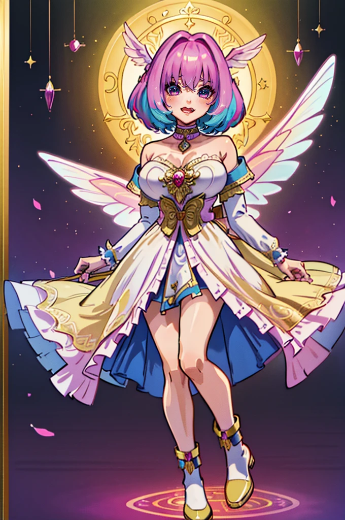 (best quality,masterpiece:1.2),intricate details,beautiful detailed eyes,beautiful detailed lips,extremely detailed eyes and face,longeyelashes,riamu, modeseven,super curvy,comic style,vibrant colors,standing,innocent, full body, standing, smile, princess dress, noble clothing, holy angel magicalgirl, open mouth fang, holy haura, halo, smile, joyfull, paladin, staff holding, full body , boots, standing,cute,breast, curvy, female,fantasy goddess,there is a cartoon picture of a woman with a very large breast, glowing angelic being, glowing holy aura, inspired by Luma Rouge, the non-binary deity of spring, ethereal rainbow nimbus, the butterfly goddess of fire, inspired by Marie Angel, glowing aura around her, astral fairy, as the goddess of the sun, “uwu the prismatic person, big breast, happy, beautiful eyes, , full body, walking, long robe, long dress, ,priestess ,holy, smile