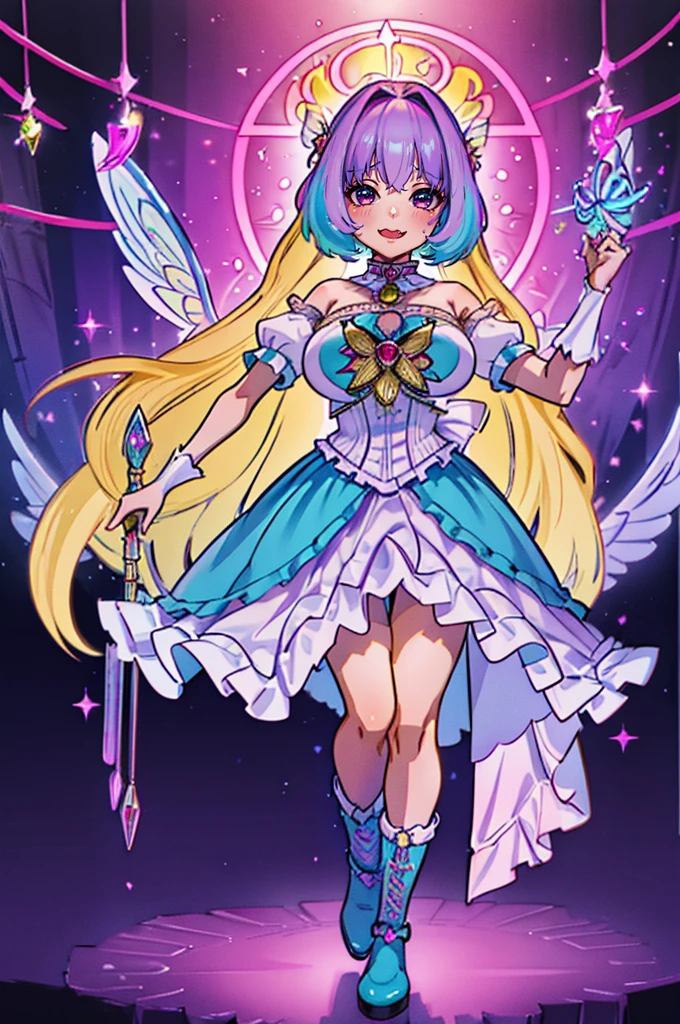 (best quality,masterpiece:1.2),intricate details,beautiful detailed eyes,beautiful detailed lips,extremely detailed eyes and face,longeyelashes,riamu, modeseven,super curvy,comic style,vibrant colors,standing,innocent, full body, standing, smile, princess dress, noble clothing, holy angel magicalgirl, open mouth fang, holy haura, halo, smile, joyfull, paladin, staff holding, full body , boots, standing,cute,breast, curvy, female,fantasy goddess,there is a cartoon picture of a woman with a very large breast, glowing angelic being, glowing holy aura, inspired by Luma Rouge, the non-binary deity of spring, ethereal rainbow nimbus, the butterfly goddess of fire, inspired by Marie Angel, glowing aura around her, astral fairy, as the goddess of the sun, “uwu the prismatic person, big breast, happy, beautiful eyes, , full body, walking, long robe, long dress, ,priestess ,holy, smile