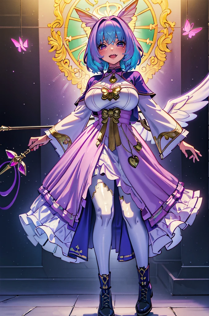 (best quality,masterpiece:1.2),intricate details,beautiful detailed eyes,beautiful detailed lips,extremely detailed eyes and face,longeyelashes,riamu, modeseven,super curvy,comic style,vibrant colors,standing,innocent, full body, standing, smile, princess dress, noble clothing, holy angel magicalgirl, open mouth fang, holy haura, halo, smile, joyfull, paladin, staff holding, full body , boots, standing,cute,breast, curvy, female,fantasy goddess,there is a cartoon picture of a woman with a very large breast, glowing angelic being, glowing holy aura, inspired by Luma Rouge, the non-binary deity of spring, ethereal rainbow nimbus, the butterfly goddess of fire, inspired by Marie Angel, glowing aura around her, astral fairy, as the goddess of the sun, “uwu the prismatic person, big breast, happy, beautiful eyes, , full body, walking, long robe, long dress, ,priestess ,holy, smile