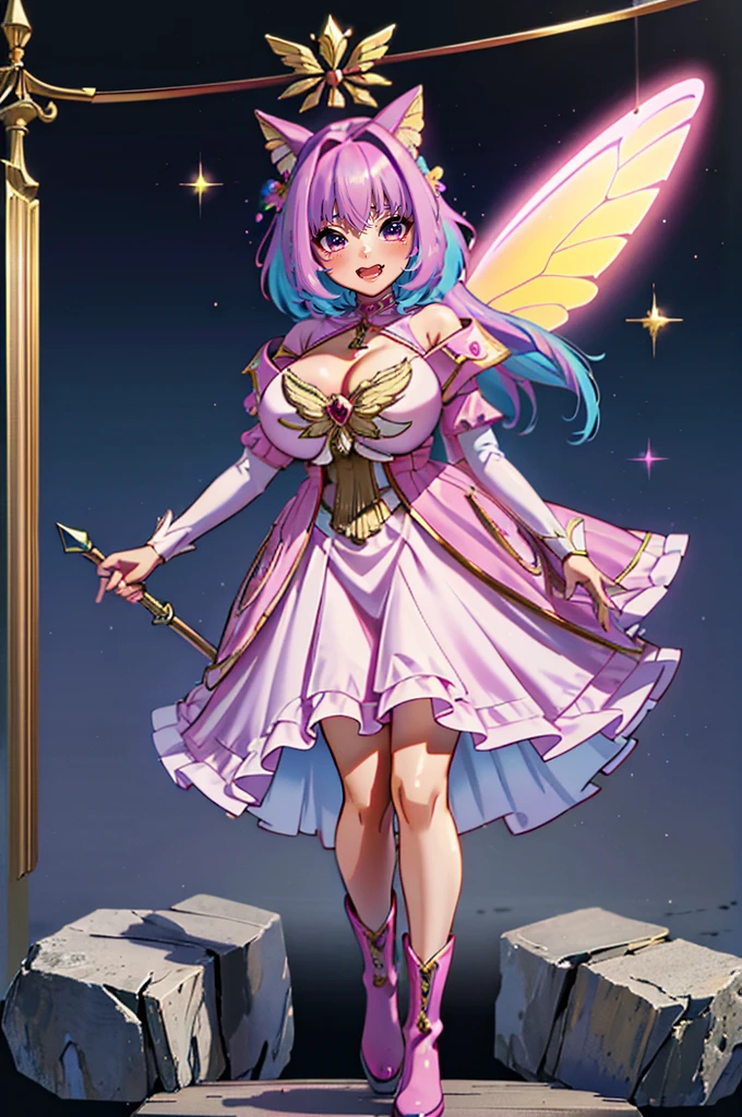 (best quality,masterpiece:1.2),intricate details,beautiful detailed eyes,beautiful detailed lips,extremely detailed eyes and face,longeyelashes,riamu, modeseven,super curvy,comic style,vibrant colors,standing,innocent, full body, standing, smile, princess dress, noble clothing, holy angel magicalgirl, open mouth fang, holy haura, halo, smile, joyfull, paladin, staff holding, full body , boots, standing,cute,breast, curvy, female,fantasy goddess,there is a cartoon picture of a woman with a very large breast, glowing angelic being, glowing holy aura, inspired by Luma Rouge, the non-binary deity of spring, ethereal rainbow nimbus, the butterfly goddess of fire, inspired by Marie Angel, glowing aura around her, astral fairy, as the goddess of the sun, “uwu the prismatic person, big breast, happy, beautiful eyes, , full body, walking, long robe, long dress, ,priestess ,holy, smile