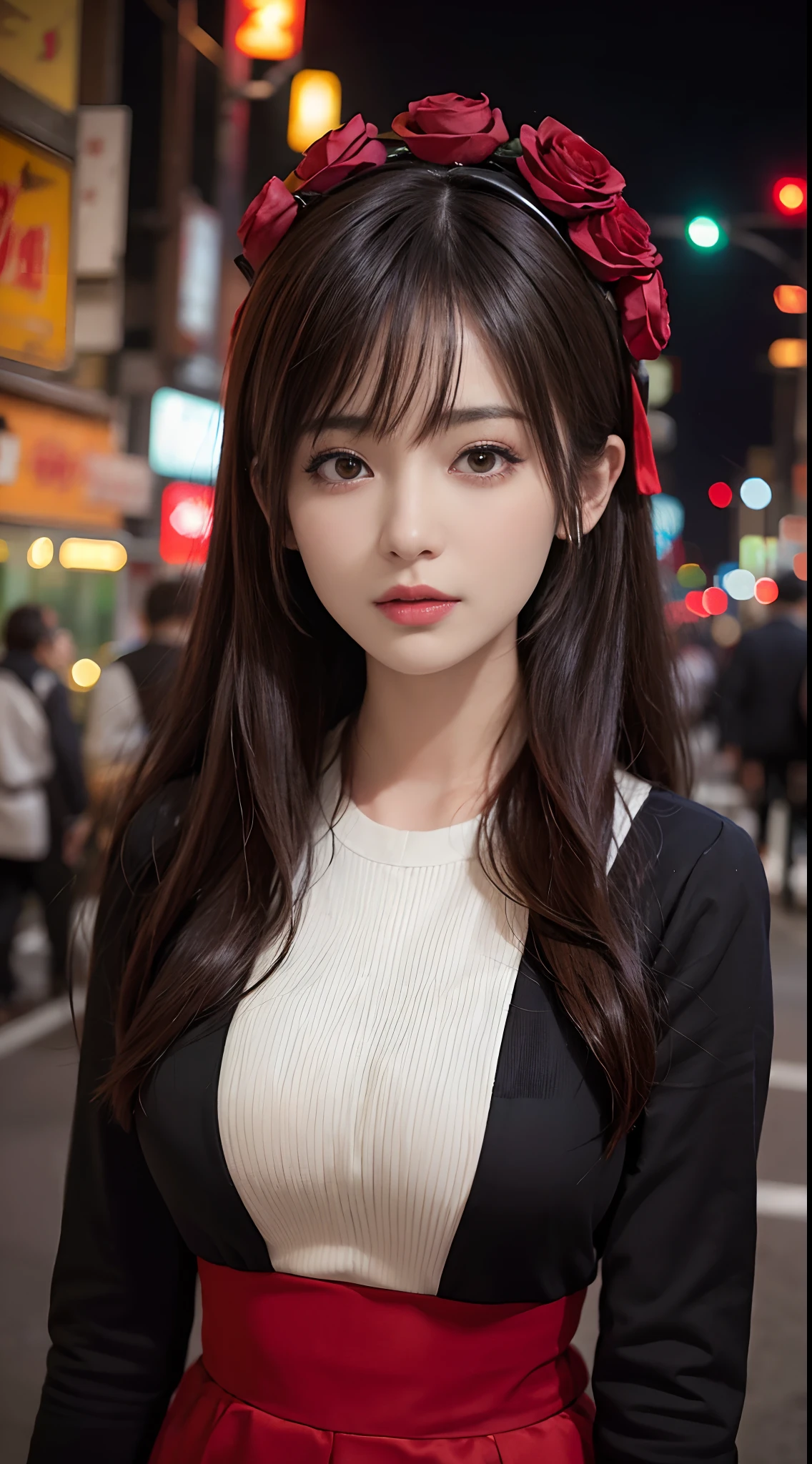 1girl, Tokyo street,night, cityscape,city lights, upper body,close-up, 8k, RAW photo, best quality, masterpiece,realistic, photo-realistic,headgear of red rose, parted bangs, long hair,
