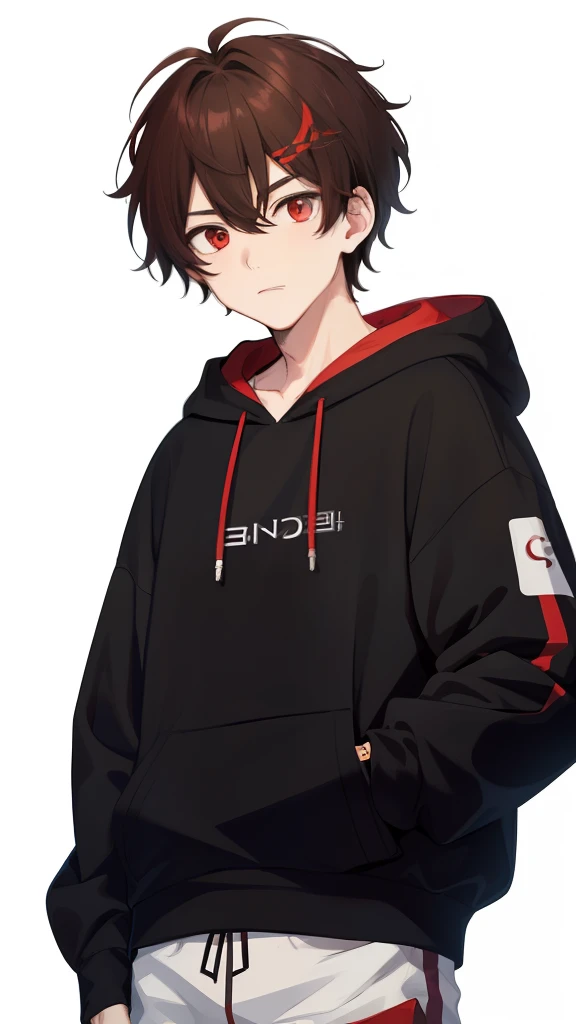 1 boy, dude, Brunette hair, comma hair, Comma hair on forehead, Korean Hair, Street style, Black and red hoodie, Sweatshirt, White shorts isolated on white background, shiny, Red Eyes, gaze at the audience, all over