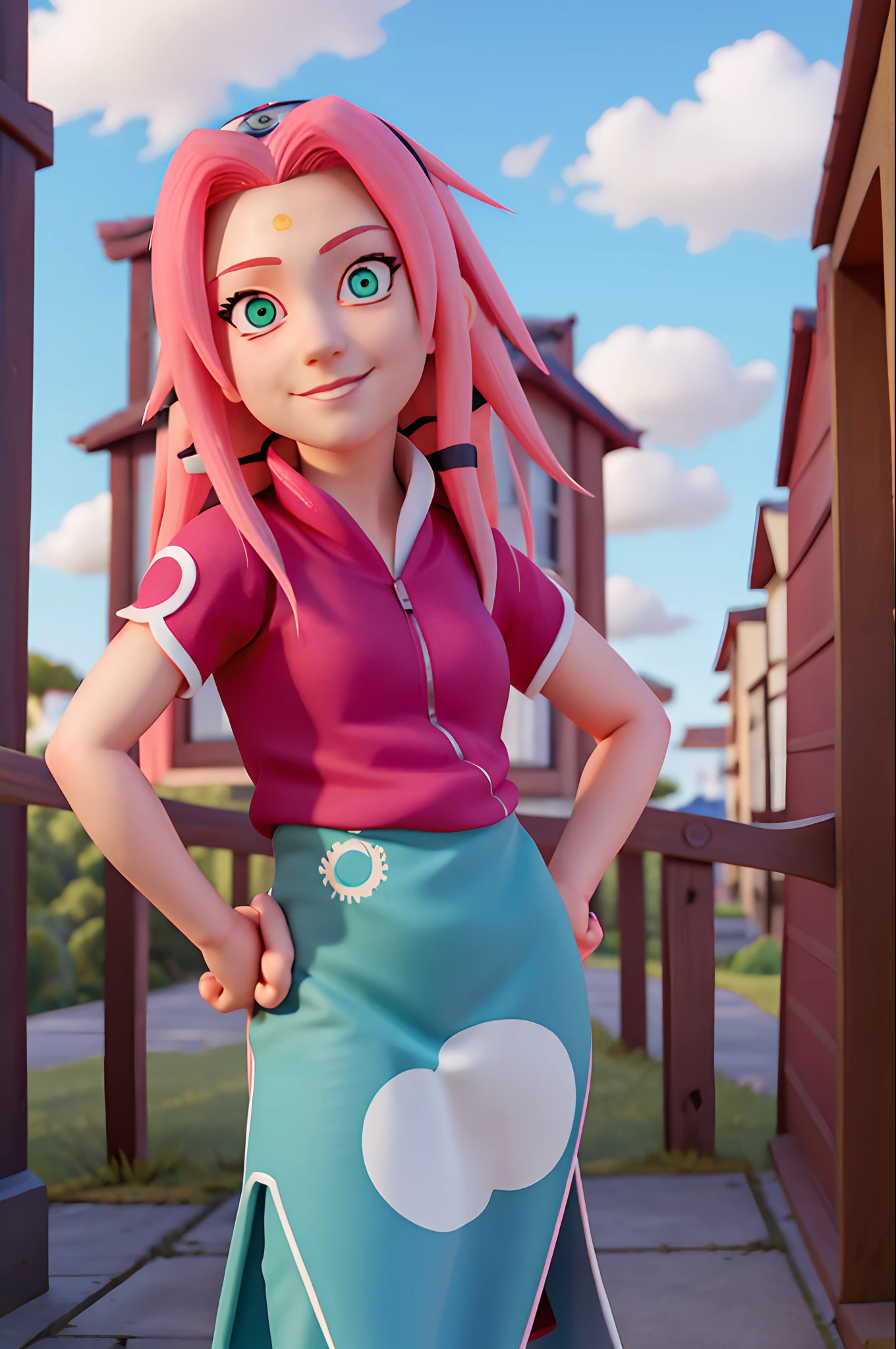 masterpiece, best quality, 1girl,haruno sakura, pink hair, long hair, green eyes, forehead protector, smile, hands on hips, blue sky, cloud, hidden village