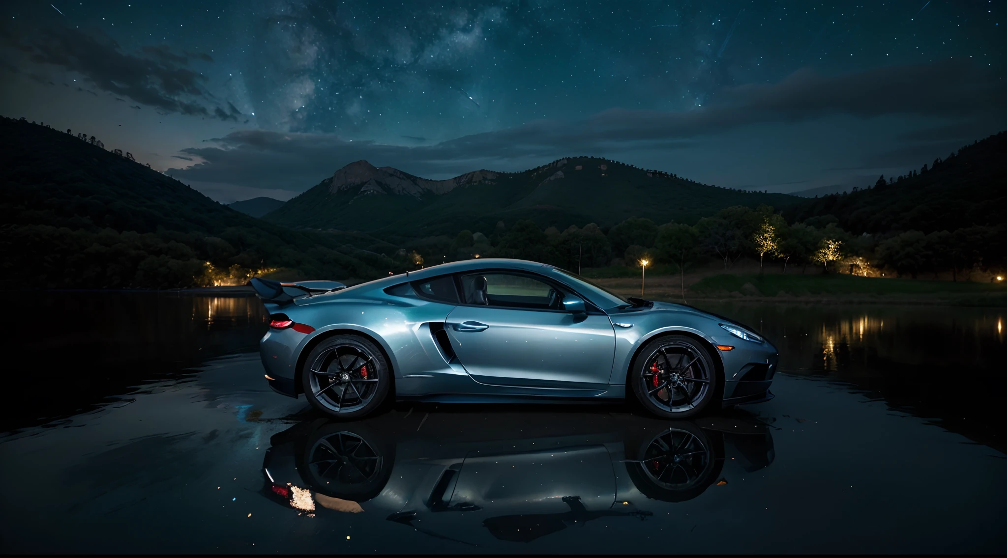 "Generate an image of a metallic blue sports car under a mesmerizing, starry night sky. The car's sleek design and metallic blue finish gleam under the gentle moonlight. It's parked near the edge of a tranquil landscape with rolling hills, a calm lake, and a sky filled with a myriad of shimmering stars. The night is clear and the stars create a celestial canopy, casting a subtle, silvery glow on the surroundings. The car's reflective surface captures the brilliance of the night sky, making it appear as if the stars are painted on its body. The scene is one of serene beauty and wonder, where the elegance of the sports car blends seamlessly with the captivating nighttime atmosphere. This image encapsulates the essence of tranquility and sophistication under the starry heavens."