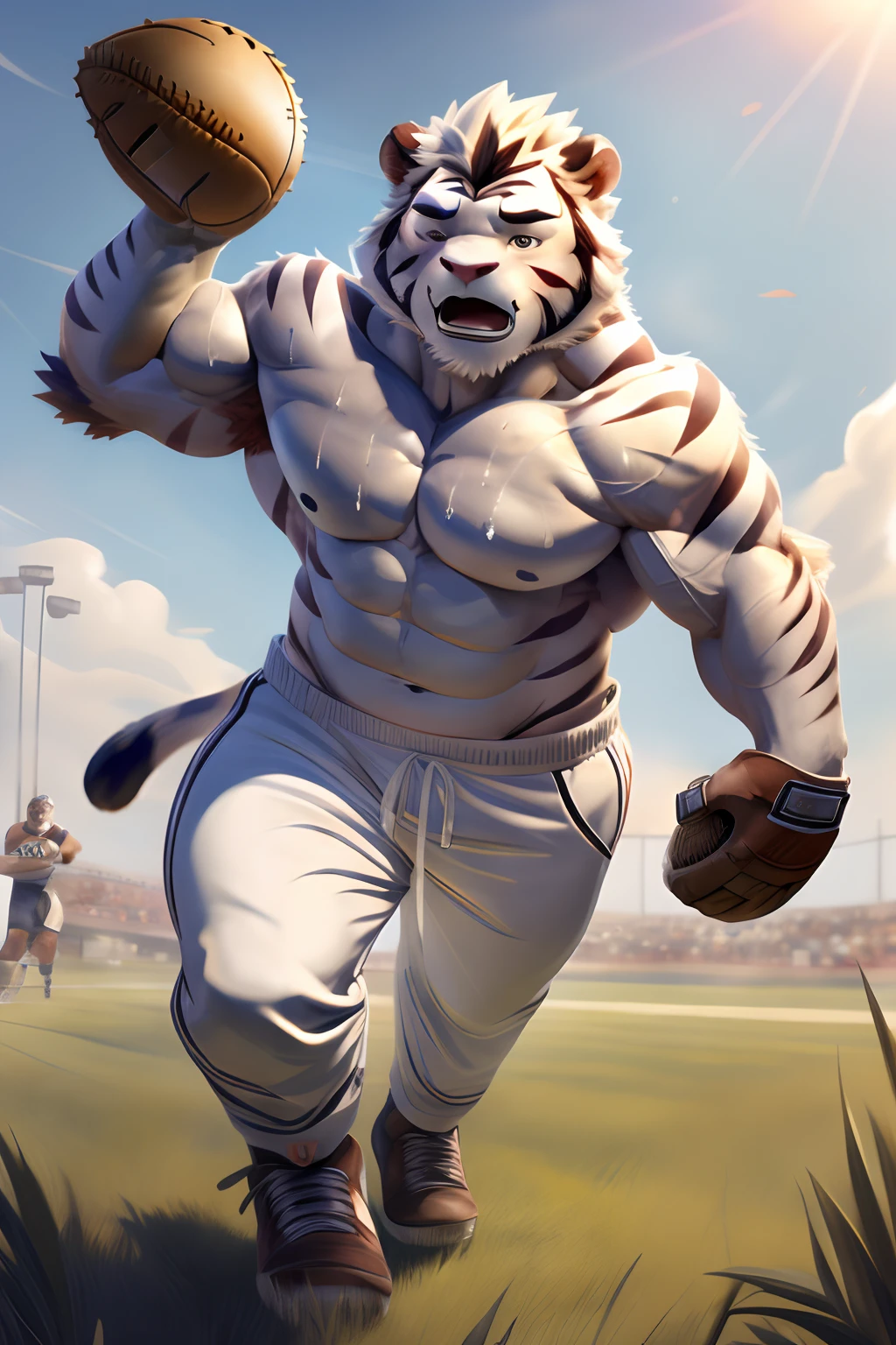 Hominidae, Pose for Camera. 4K, high resolution, Best quality, posted on e621, (Two anthropomorphic white tigers:1.2), Anthropomorphic white tiger, male people, 20yr old, Thick eyebrows, Light blue stripes, Ultra-short hair, shaggy, Strong body, large pecs, ((Shirtless)), They play softball together, Pink milk clusters, sweat leggs, White leggings sweatpants, Small raised, on a grassy field, (sport, Muscular, Heavyweight:1.2), Correct anatomy, (White background:1.1), (by Chunie, author:Taran Fidler:0.8), (Detailed eyes:1.2), Sexy, (cel-shaded:1.2), cartoon shading, shyexpression, Be red in the face, (view the viewer:1.2), Look ahead