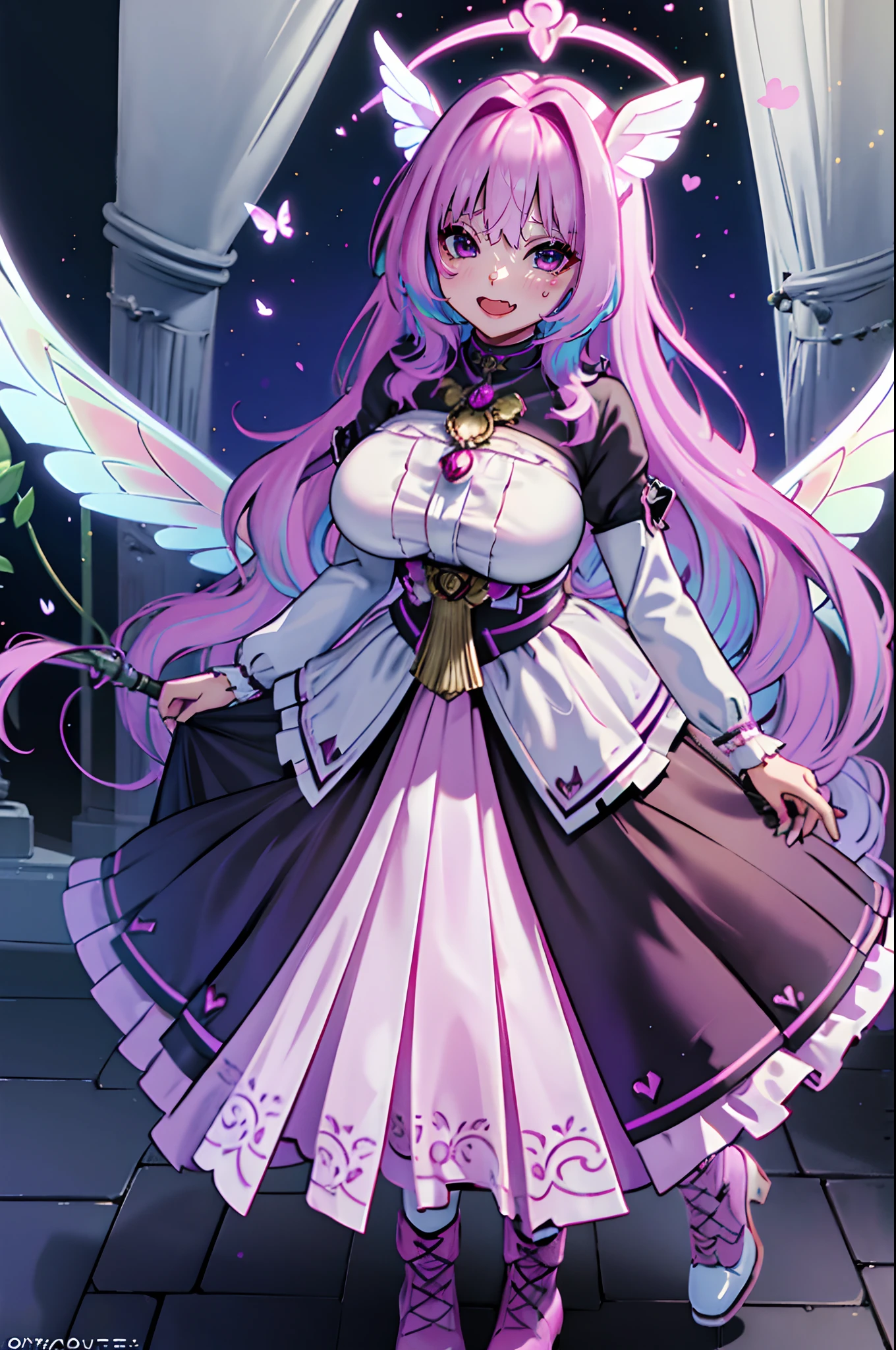 (best quality,masterpiece:1.2),intricate details,beautiful detailed eyes,beautiful detailed lips,extremely detailed eyes and face,longeyelashes,riamu, modeseven,super curvy,comic style,vibrant colors,standing,innocent, full body, standing, smile, princess dress, noble clothing, holy angel magicalgirl, open mouth fang, holy haura, halo, smile, joyfull, paladin, staff holding, full body , boots, standing,cute,breast, curvy, female,fantasy goddess,there is a cartoon picture of a woman with a very large breast, glowing angelic being, glowing holy aura, inspired by Luma Rouge, the non-binary deity of spring, ethereal rainbow nimbus, the butterfly goddess of fire, inspired by Marie Angel, glowing aura around her, astral fairy, as the goddess of the sun, “uwu the prismatic person, big breast, happy, beautiful eyes, , full body, walking, long robe, long dress, ,priestess ,holy, smile