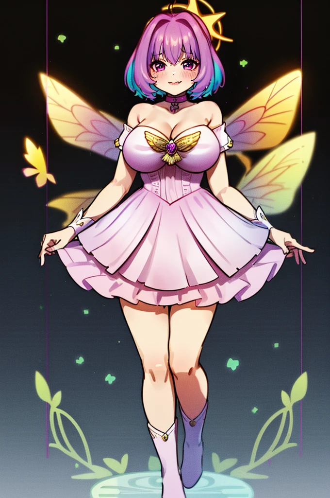 (best quality,masterpiece:1.2),intricate details,beautiful detailed eyes,beautiful detailed lips,extremely detailed eyes and face,longeyelashes,riamu, modeseven,super curvy,comic style,vibrant colors,standing,innocent, full body, standing, smile, princess dress, noble clothing, holy angel magicalgirl, open mouth fang, holy haura, halo, smile, joyfull, paladin, staff holding, full body , boots, standing,cute,breast, curvy, female,fantasy goddess,there is a cartoon picture of a woman with a very large breast, glowing angelic being, glowing holy aura, inspired by Luma Rouge, the non-binary deity of spring, ethereal rainbow nimbus, the butterfly goddess of fire, inspired by Marie Angel, glowing aura around her, astral fairy, as the goddess of the sun, “uwu the prismatic person, big breast, happy, beautiful eyes, , full body, walking, long robe, long dress, ,priestess ,holy, smile