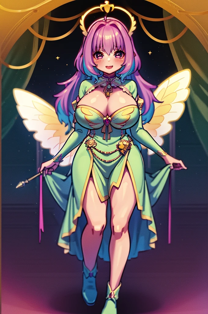 (best quality,masterpiece:1.2),intricate details,beautiful detailed eyes,beautiful detailed lips,extremely detailed eyes and face,longeyelashes,riamu, modeseven,super curvy,comic style,vibrant colors,standing,innocent, full body, standing, smile, princess dress, noble clothing, holy angel magicalgirl, open mouth fang, holy haura, halo, smile, joyfull, paladin, staff holding, full body , boots, standing,cute,breast, curvy, female,fantasy goddess,there is a cartoon picture of a woman with a very large breast, glowing angelic being, glowing holy aura, inspired by Luma Rouge, the non-binary deity of spring, ethereal rainbow nimbus, the butterfly goddess of fire, inspired by Marie Angel, glowing aura around her, astral fairy, as the goddess of the sun, “uwu the prismatic person, big breast, happy, beautiful eyes, , full body, walking, long robe, long dress, ,priestess ,holy, smile
