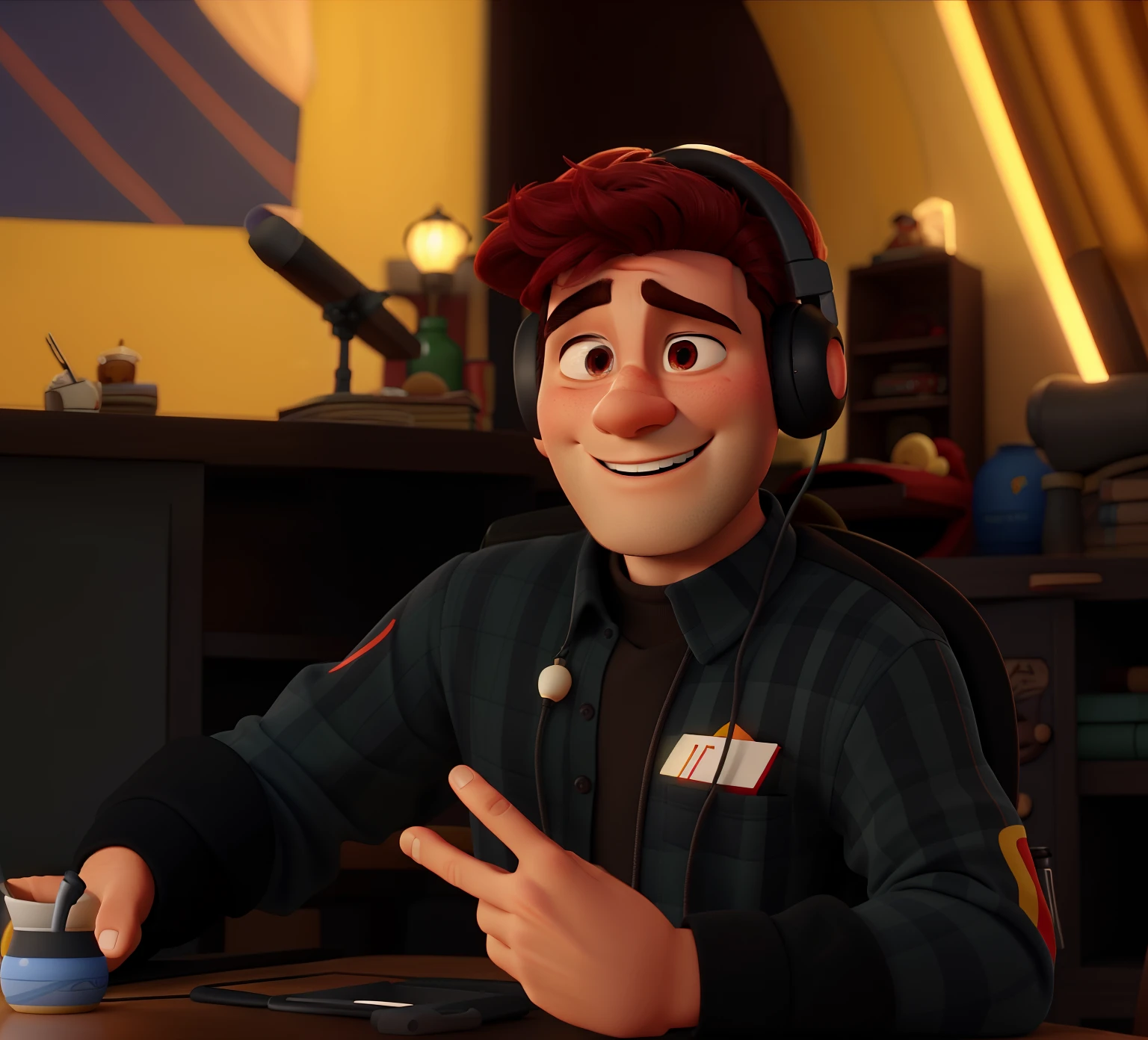 A man with redset on his head Squirming Disney Pixar style,      alta qualidade, melhor qualidade