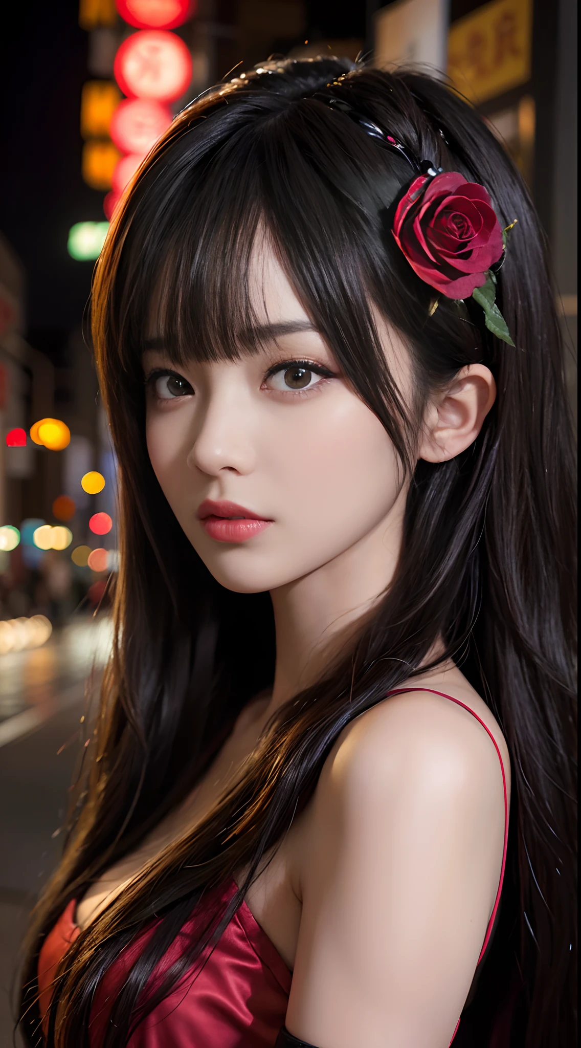 1girl, Tokyo street,night, cityscape,city lights, upper body,close-up, 8k, RAW photo, best quality, masterpiece,realistic, photo-realistic,headgear of red rose, parted bangs, long hair,