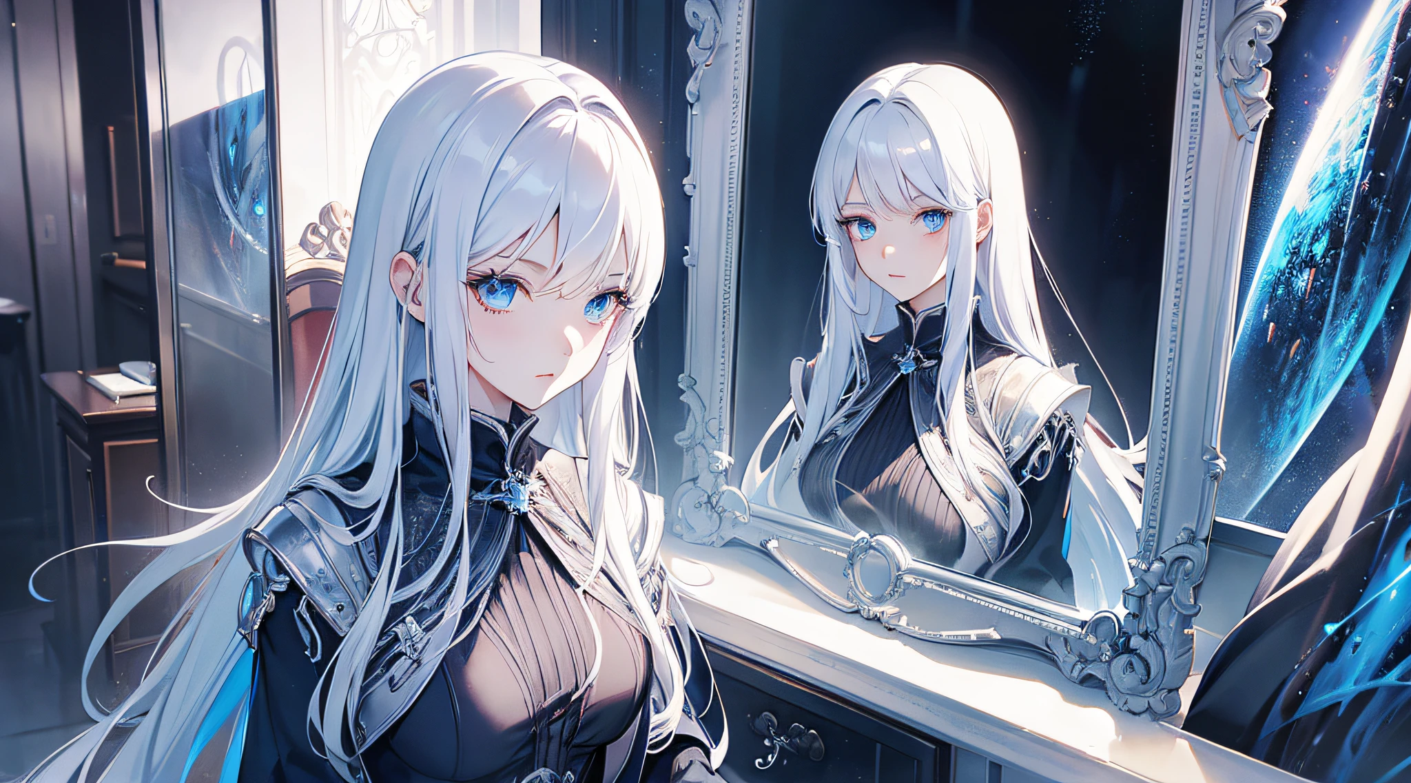 Cover magazine, Anime, Young Woman, Solo, Long hair, White hair, Blue eyes, gotik,chies,Model, Beautiful, Half-body pottrait, Fantasy, Mirror,Glass