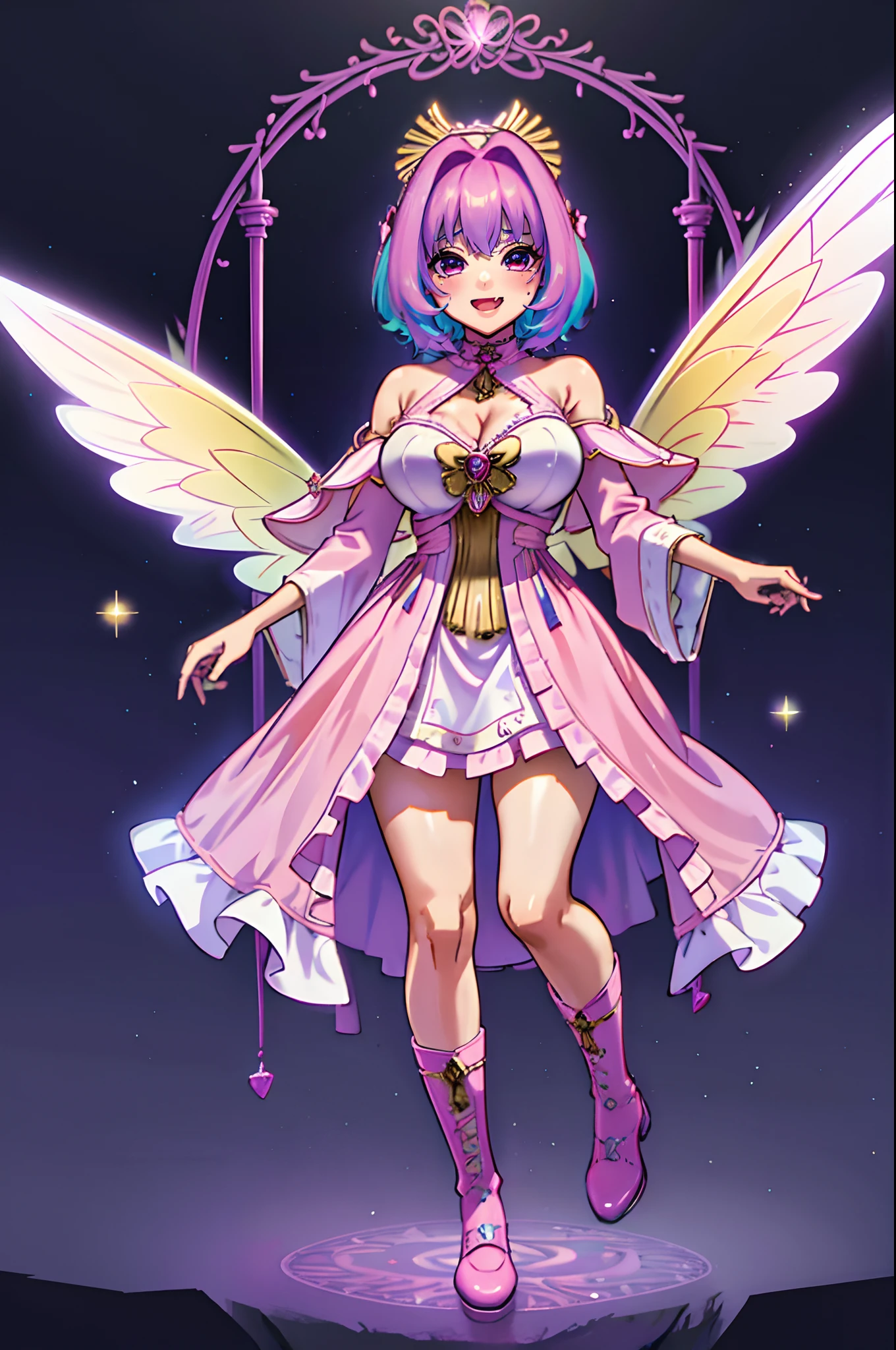 (best quality,masterpiece:1.2),intricate details,beautiful detailed eyes,beautiful detailed lips,extremely detailed eyes and face,longeyelashes,riamu, modeseven,super curvy,comic style,vibrant colors,standing,innocent, full body, standing, smile, princess dress, noble clothing, holy angel magicalgirl, open mouth fang, holy haura, halo, smile, joyfull, paladin, staff holding, full body , boots, standing,cute,breast, curvy, female,fantasy goddess,there is a cartoon picture of a woman with a very large breast, glowing angelic being, glowing holy aura, inspired by Luma Rouge, the non-binary deity of spring, ethereal rainbow nimbus, the butterfly goddess of fire, inspired by Marie Angel, glowing aura around her, astral fairy, as the goddess of the sun, “uwu the prismatic person, big breast, happy, beautiful eyes, , full body, walking, long robe, long dress, ,priestess ,holy, smile