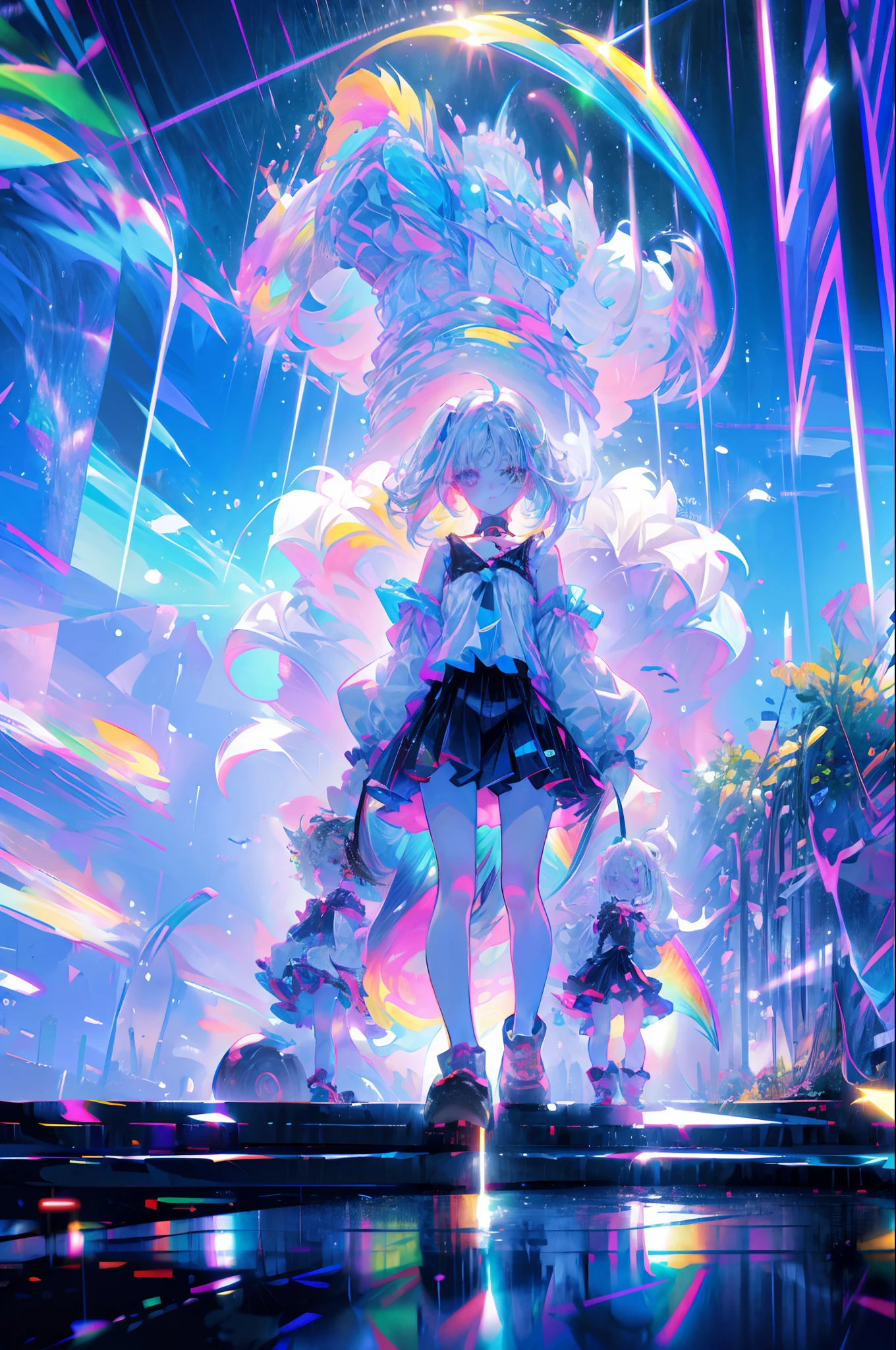 rainbows、Irridescent color、colourfull、top-quality、超A high resolution、(Photorealsitic:1.4)、Female 1 Person、Sleeveless white buttoned shirt、Black skirt、Black Choker、cute little、(Kpop Idle)、(attractiveness:1)、(Platinum Blonde Hair:1)、((Puffy eyes))、Look at the viewer、full body Esbian、Facing the front