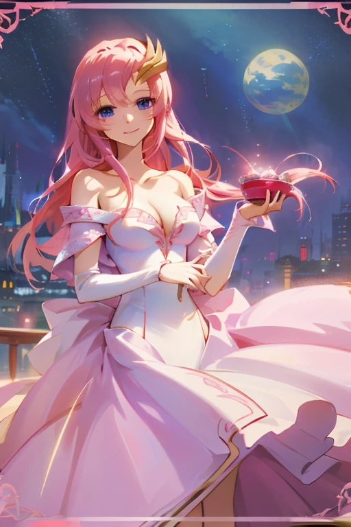 masterpiece,best quality,1girl,lacus clyne,lacus4,long hair,dress,hair ornament,pink hair,cleavage,blue eyes,off-shoulder,white dress,smile,Banquet,
