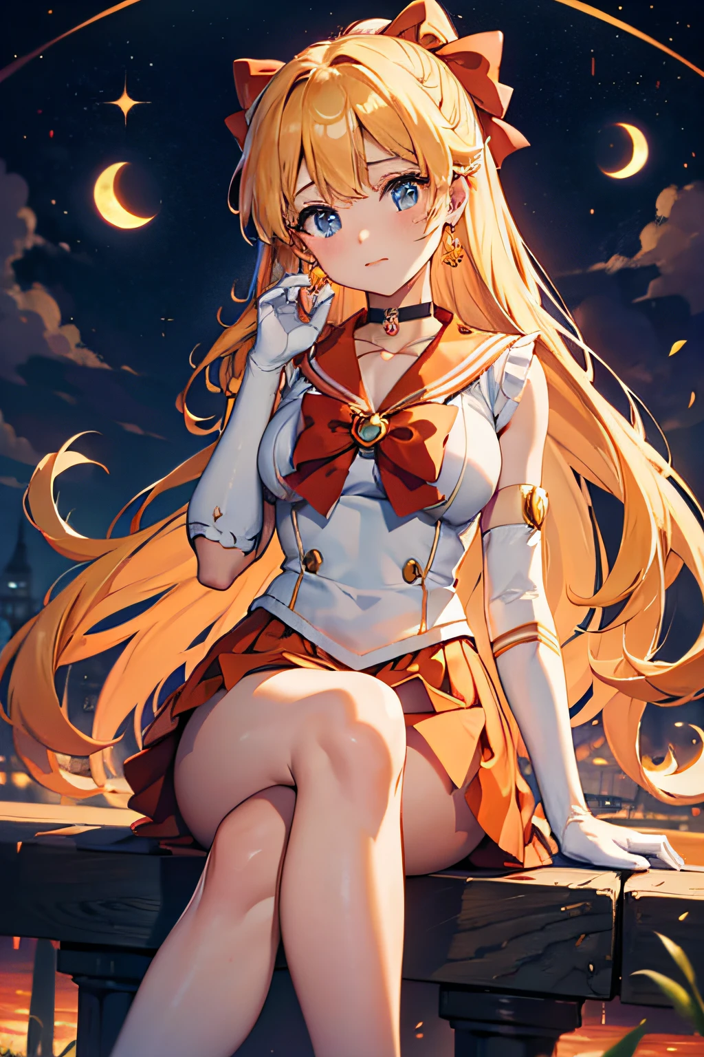 masterpiece, best quality, highres, venus1, 1girl, solo, sailor senshi uniform, sailor venus sailor, aino minako, blonde hair, magical girl, blue eyes, no pants, elbow gloves, tiara, hair bow, orange sailor collar, choker, red bow, orange choker, white gloves, very long hair, jewelry, earrings, cowboy shot, smile, sitting, open legs, panties, white panties, upskirt