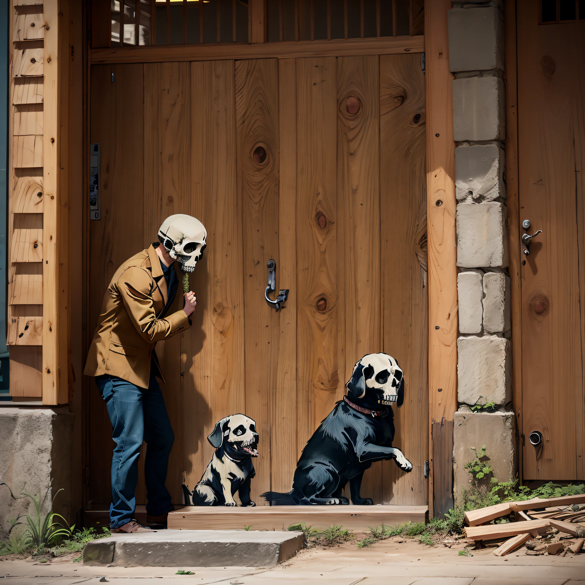 b4nksy artstyle, sleeves rolled up, dog, skull, plant, wood