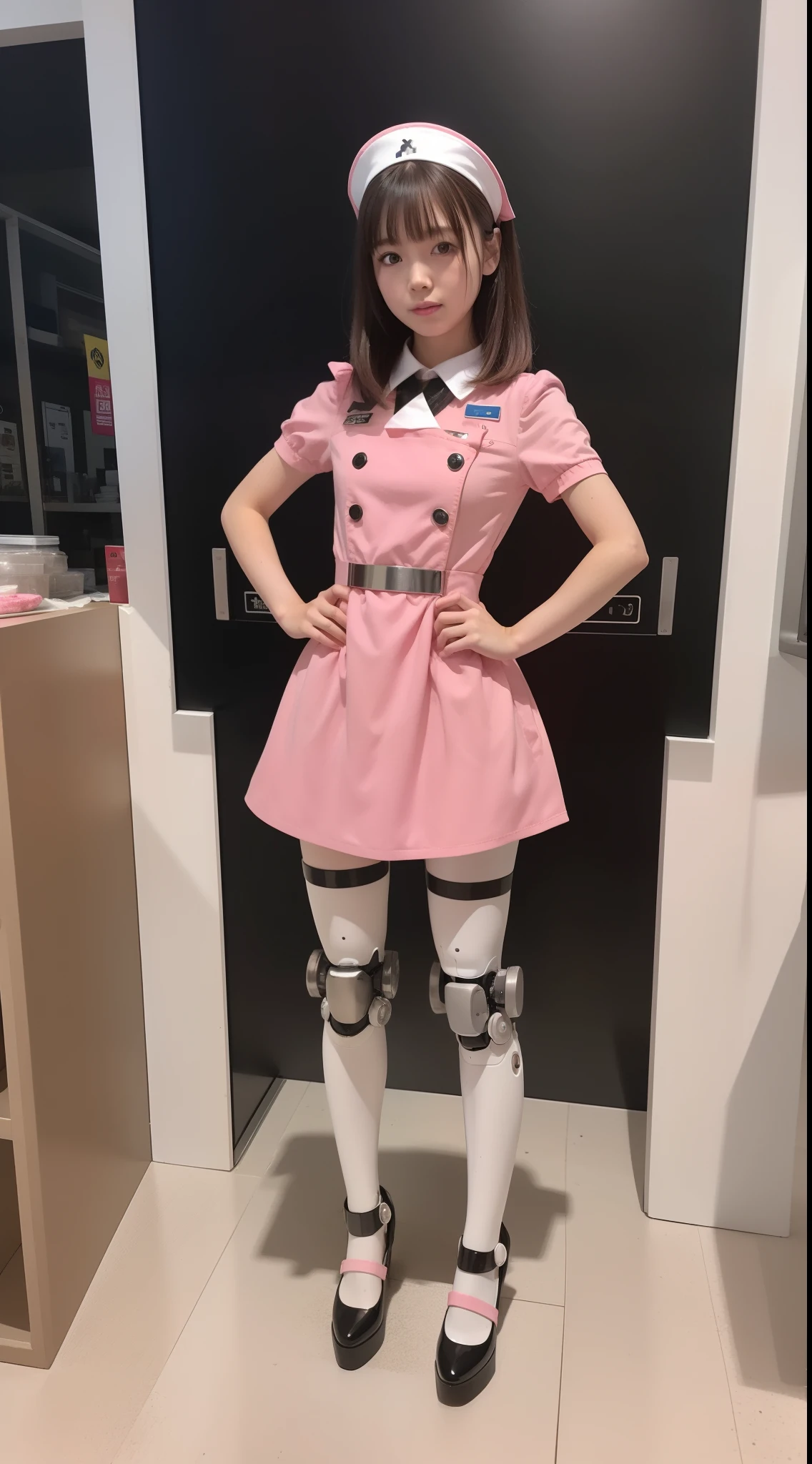 Robot Girl, pink there, Silver, Metallic body, Robot Parts, Metal Parts, Super Detailed Face, Super well-formed face, of the highest quality, a small face, small head, Brown hair, Slender body, Camera gaze, Internal Mechanical Exposure, Idol, front facing, Well-proportioned body, sale, Exhibited, Event Hall, Moe Pose, Pink Metallic Nurse Dress Machine Armor, Standing with legs open, Hands on hips, Model body type, sad, Embarrassing,(Perfect Robot Girl),(Perfect machine body)
