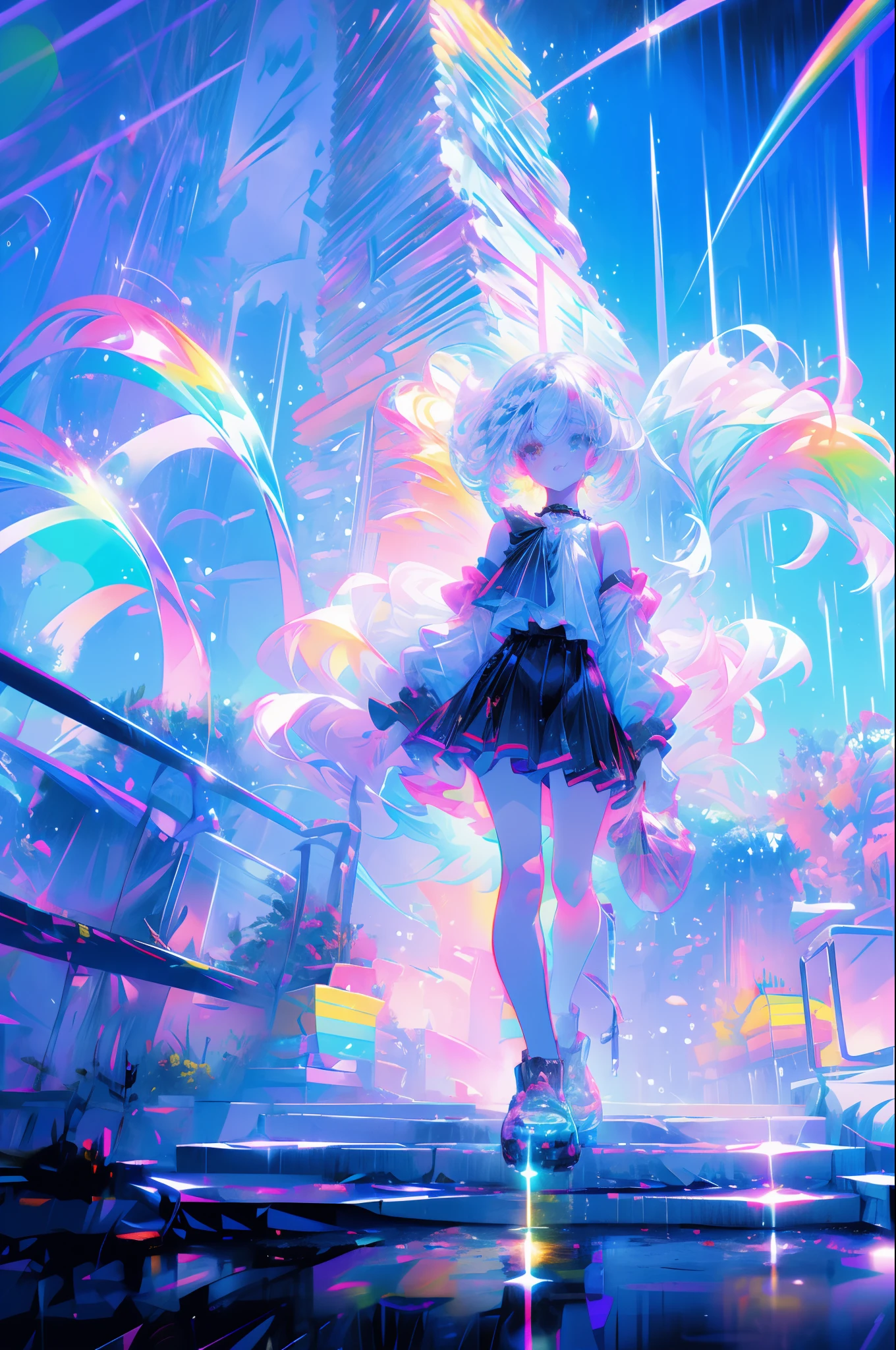 rainbows、Irridescent color、colourfull、top-quality、超A high resolution、(Photorealsitic:1.4)、Female 1 Person、Sleeveless white buttoned shirt、Black skirt、Black Choker、cute little、(Kpop Idle)、(attractiveness:1)、(Platinum Blonde Hair:1)、((Puffy eyes))、Look at the viewer、full body Esbian、Facing the front