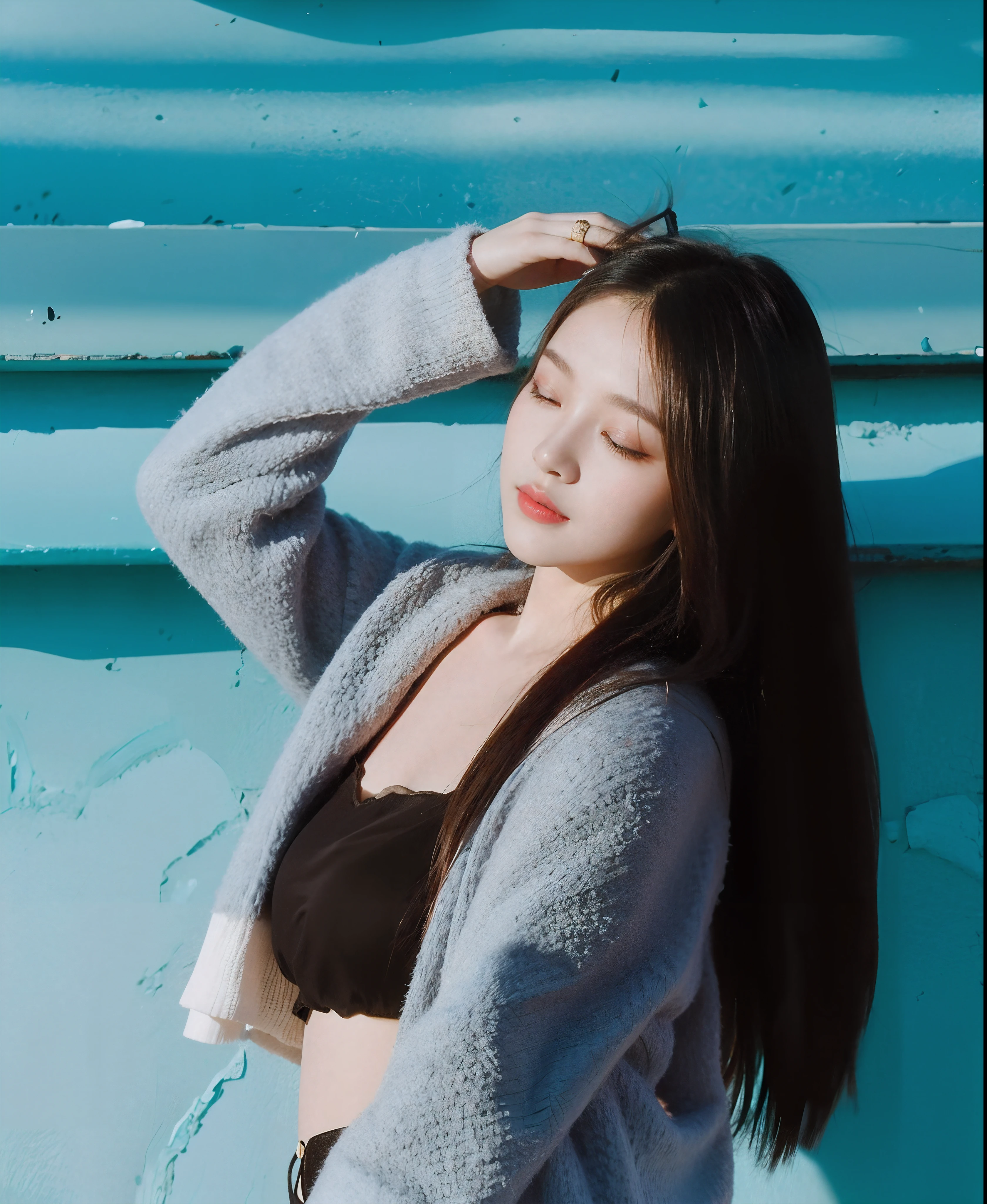 The long-haired woman leaned against the railing,With his eyes closed, bae suzy, On a sunny day, krystal, portrait jisoo blackpink, hot with shining sun, girl wears a red dress, shot at golden hour, Wearing a red cheongsam, Portrait shooting, photoshoot, Album art, ulzzangs, jisoo of blackpink, red velvet, jisoo from blackpink,Open,largeeyes,