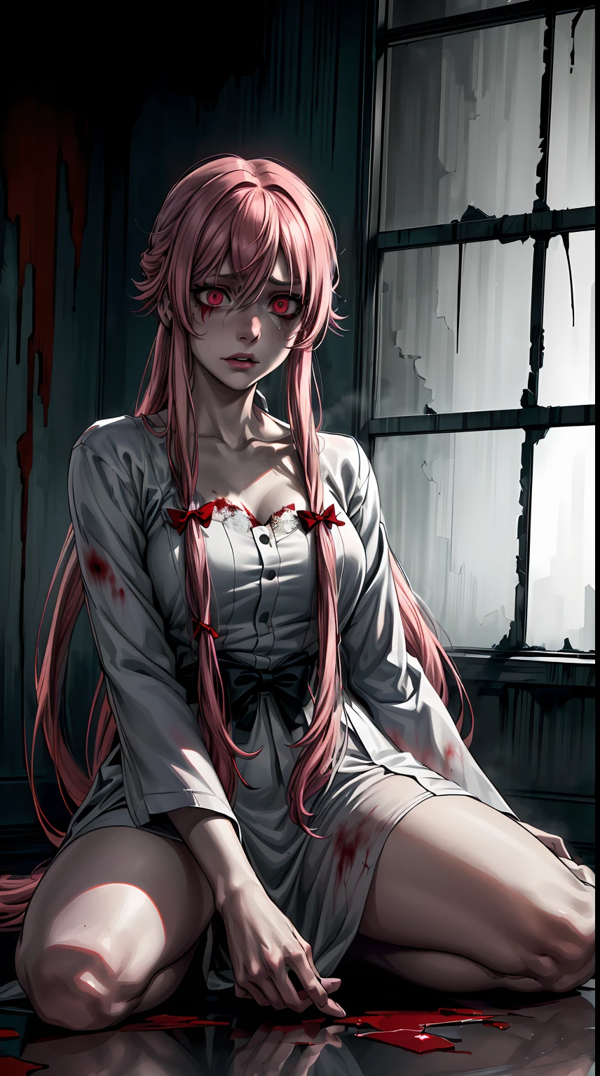 (a girl with long pink hair and striking red eyes),(beautiful detailed eyes,beautiful detailed lips,extremely detailed eyes and face,longeyelashes),(medium: manga),(in a gloomy mental hospital),(barred windows, fading wallpaper, flickering lights),(best quality,ultra-detailed),(dark and eerie atmosphere),(emotionally unstable, tormented expression),(wearing a white patient gown),(surrounded by other mental patients),(haunting, disturbing),(ominous shadows),(bloodstains on the floor),(a sense of despair and hopelessness),(sound of echoing footsteps),(reflection of fear and madness),(surreal and twisted reality),(psychological horror),(highly saturated colors with a desaturated background),(harsh lighting creating stark contrasts and deep shadows)