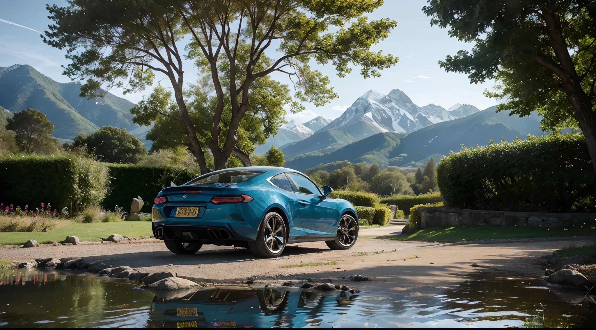 "Generate a description of a blue sports car placed in the most incredible and visually pleasing setting you can imagine. The car's sleek design and vibrant blue color contrast beautifully with the surroundings. The location is a hidden gem, a place where natural beauty and artistic wonder converge. Lush gardens with vibrant blooms stretch as far as the eye can see, and a crystal-clear river winds its way through the landscape. Towering, ancient trees create a majestic canopy overhead, dappling the scene in enchanting sunlight. The car is positioned near a tranquil pond, and the reflection in the water enhances the charm of the scene. In the distance, a magnificent mountain range rises, with snow-capped peaks glistening in the sunlight. Every aspect of this setting is designed to be a feast for the eyes, where the elegance of the blue sports car complements the breathtaking natural beauty that surrounds it. This place is a true masterpiece of nature's artistry."
