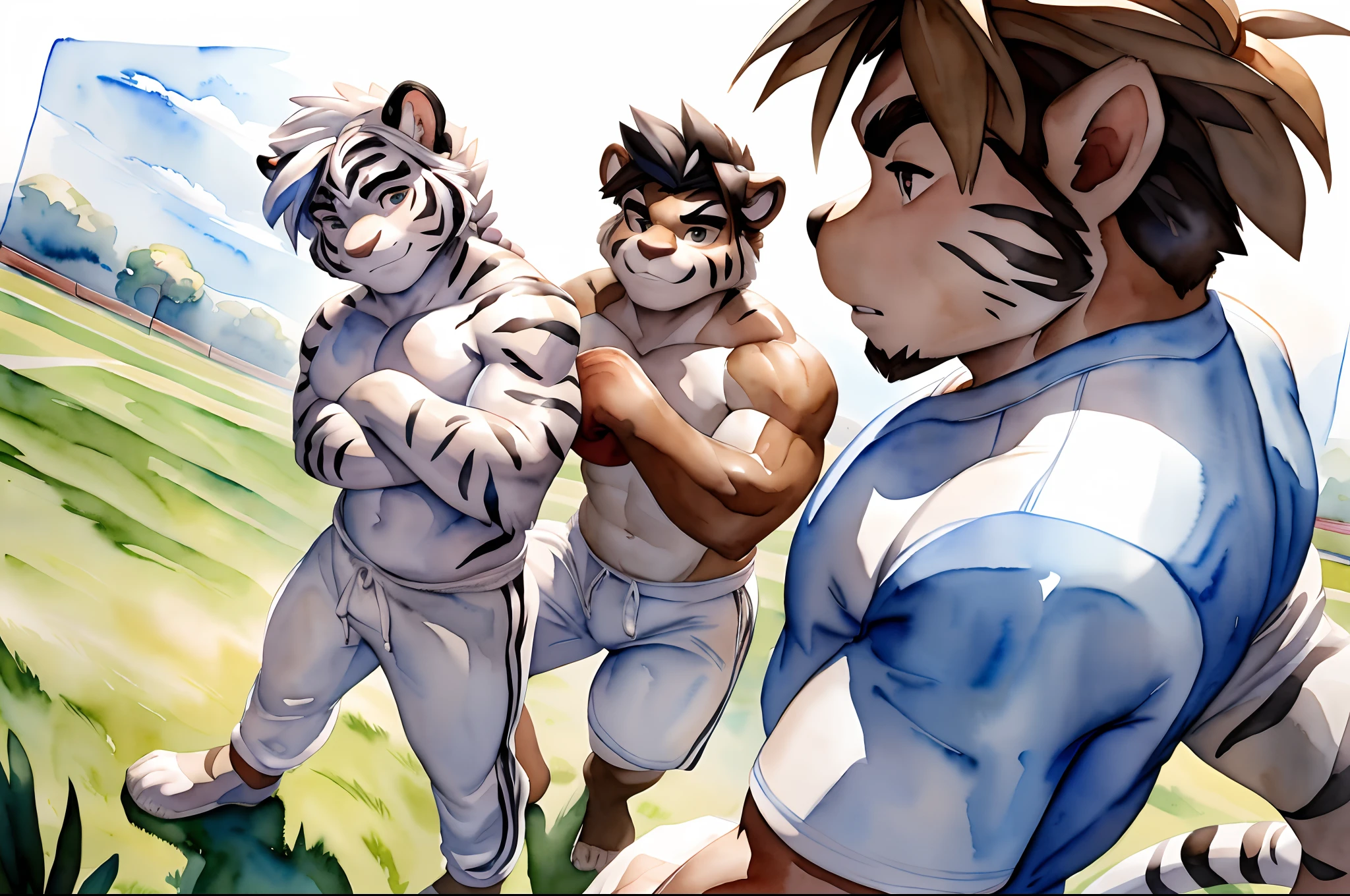 Hominidae, Pose for Camera. 4K, high resolution, Best quality, posted on e621, (Two anthropomorphic white tigers:1.2), Anthropomorphic white tiger, male people, 20yr old, Thick eyebrows, Light blue stripes, Ultra-short hair, shaggy, Strong body, large pecs, ((Shirtless)), They practice boxing together, Pink milk clusters, sweat leggs, White leggings sweatpants, Small raised, on a grassy field, (sport, Muscular, Heavyweight:1.2), Correct anatomy, (White background, Watercolor background:1.1), (by Chunie, author：Taran Fidler:0.8), (Detailed eyes:1.2), Sexy, (cel-shaded:1.2), cartoon shading, (aquarelle:1.2), Serious expressions, Be red in the face, (view the viewer:1.2), Look ahead