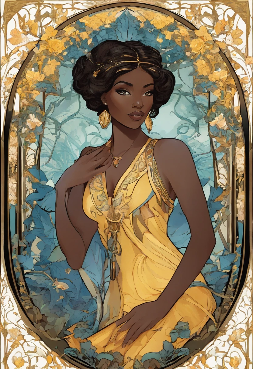 Woman, ((dark skin)), elf, tall, curvy, black hair, short hair, yellow eyes, blue dress, in the style of Alphonse Mucha