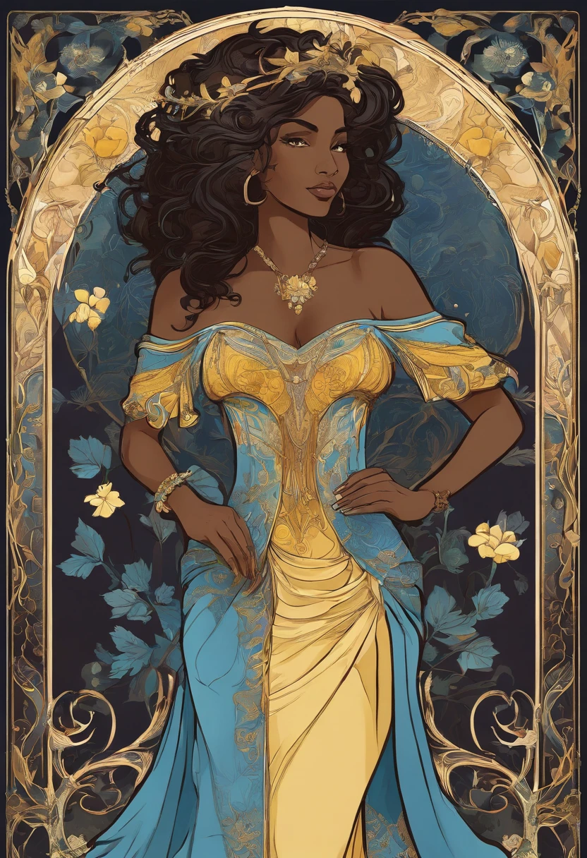 Woman, ((dark skin)), elf, tall, curvy, black hair, short hair, yellow eyes, blue dress, in the style of Alphonse Mucha