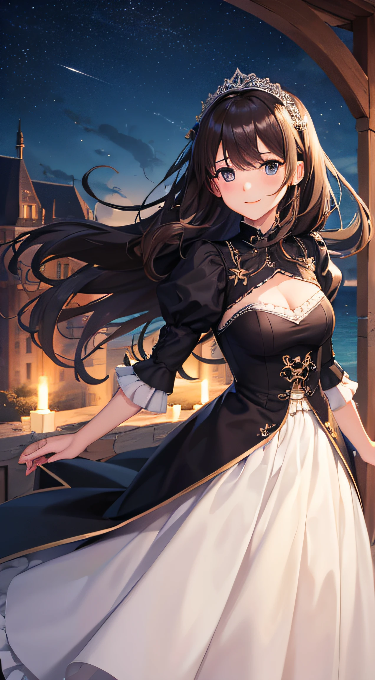 (best quality, hight resolution, Meisterwerk:1.2,), Illustration, Nacht, 1girls, full entire body, (Hochzeitskleid), Arm behind the back, Lachendes gesicht, verspielt, Blick auf den Betrachter, happy, flush,