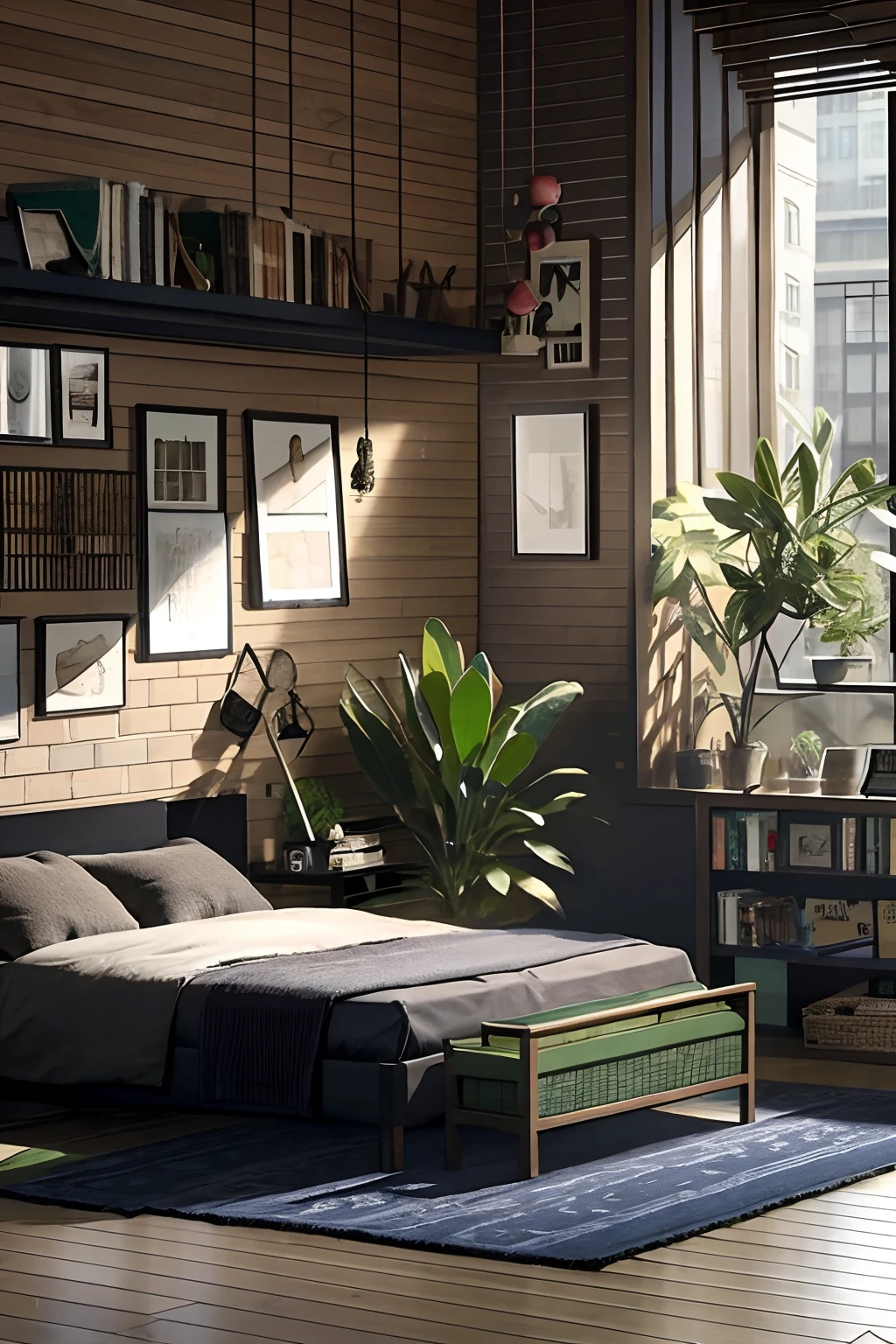 bookshelf, parrot, Indoors, plant, potted plant_plant, window, day, PILLOWS, Boken, No_The human, bed, The table, Sunlight, drapes, Scenery, wooden_floor, apples, Bedroom, Room 2