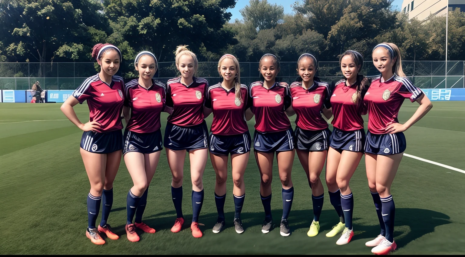 full body shot , many female Soccer players in soccer uniform, beautiful bimbos,  gigantic breasts, giga_busty