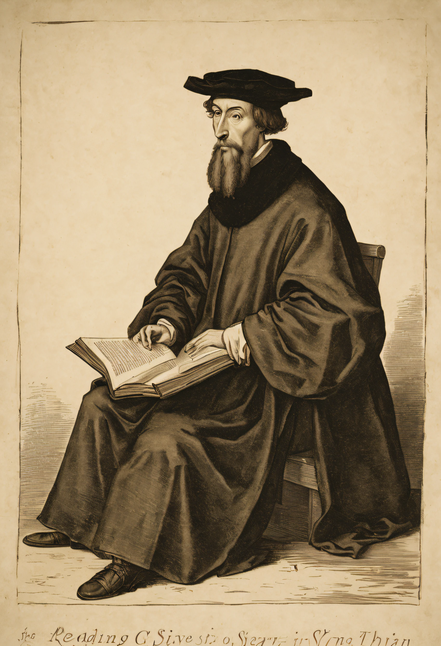 John Calvin, Reading a book in a square, estilo da roupa anos 1500, serious look,olhando para o espectador