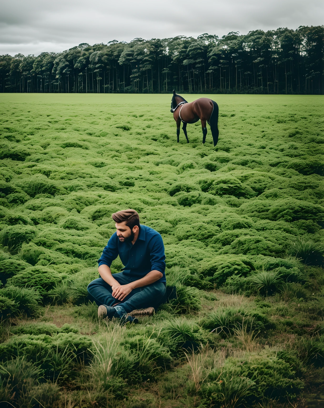 Man sitting in field on the ground.There is a green field around and a horse without a rider galloping in the distance