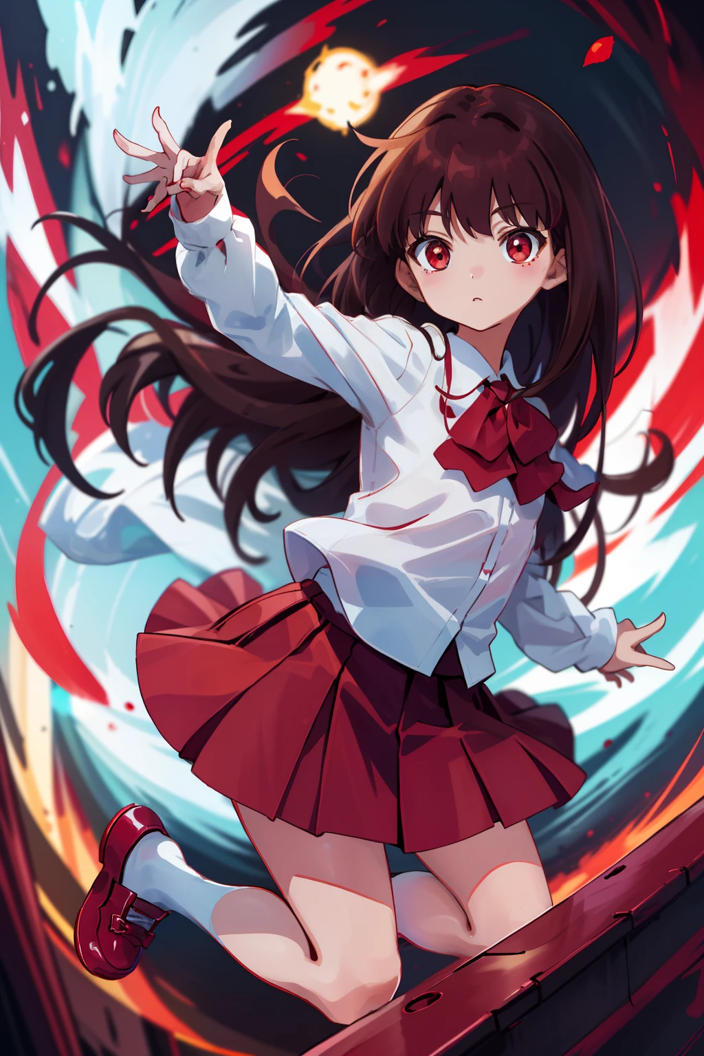 Little girl, White blouse , dynamic pose, brown hair, art galley, red eyes, red skirt, red shoes