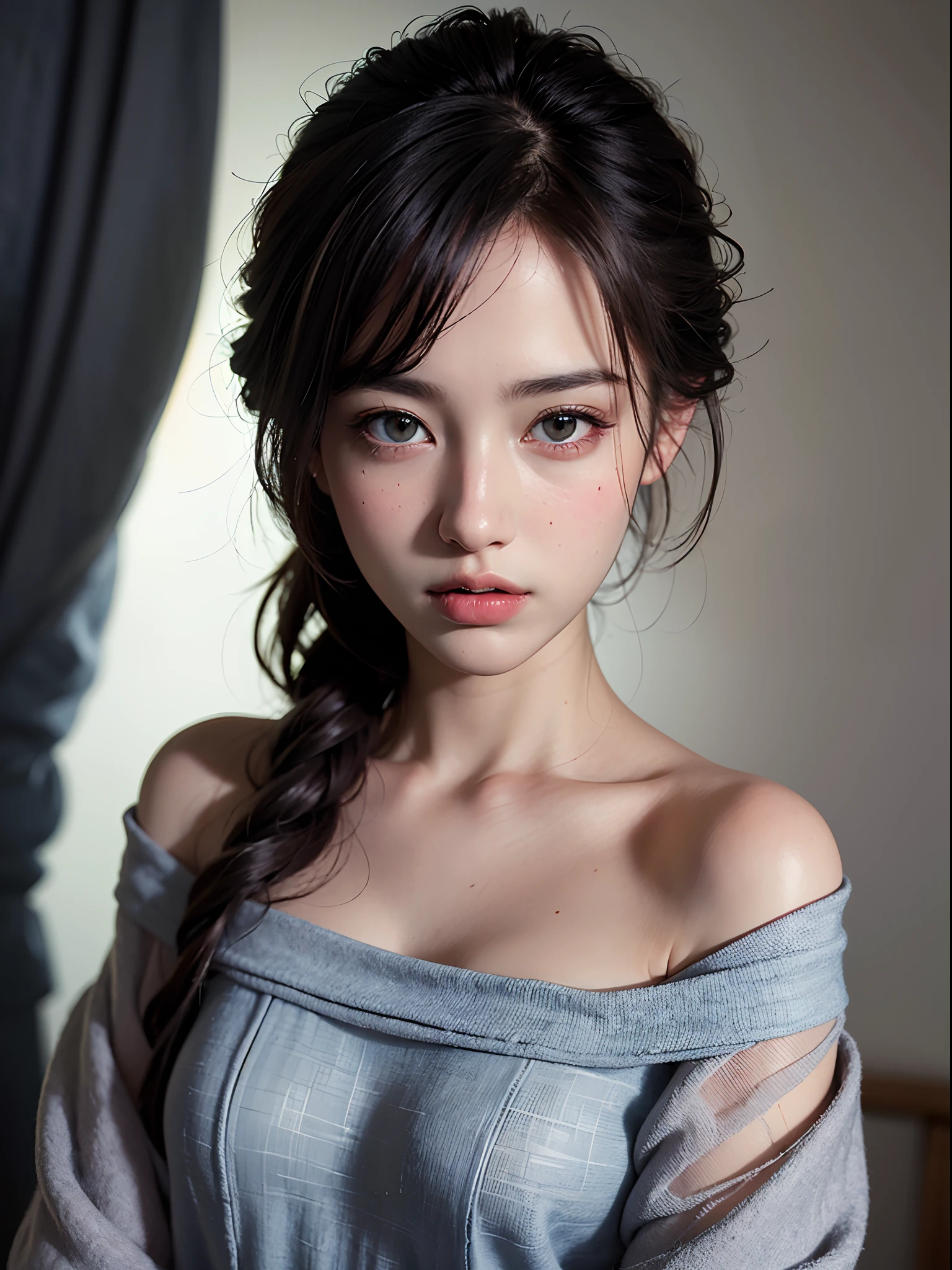 Best quality, masterpiece, ultra high res, (photorealistic:1.4), raw photo, 1girl, offshoulder, in the dark, deep shadow, low key, cold light