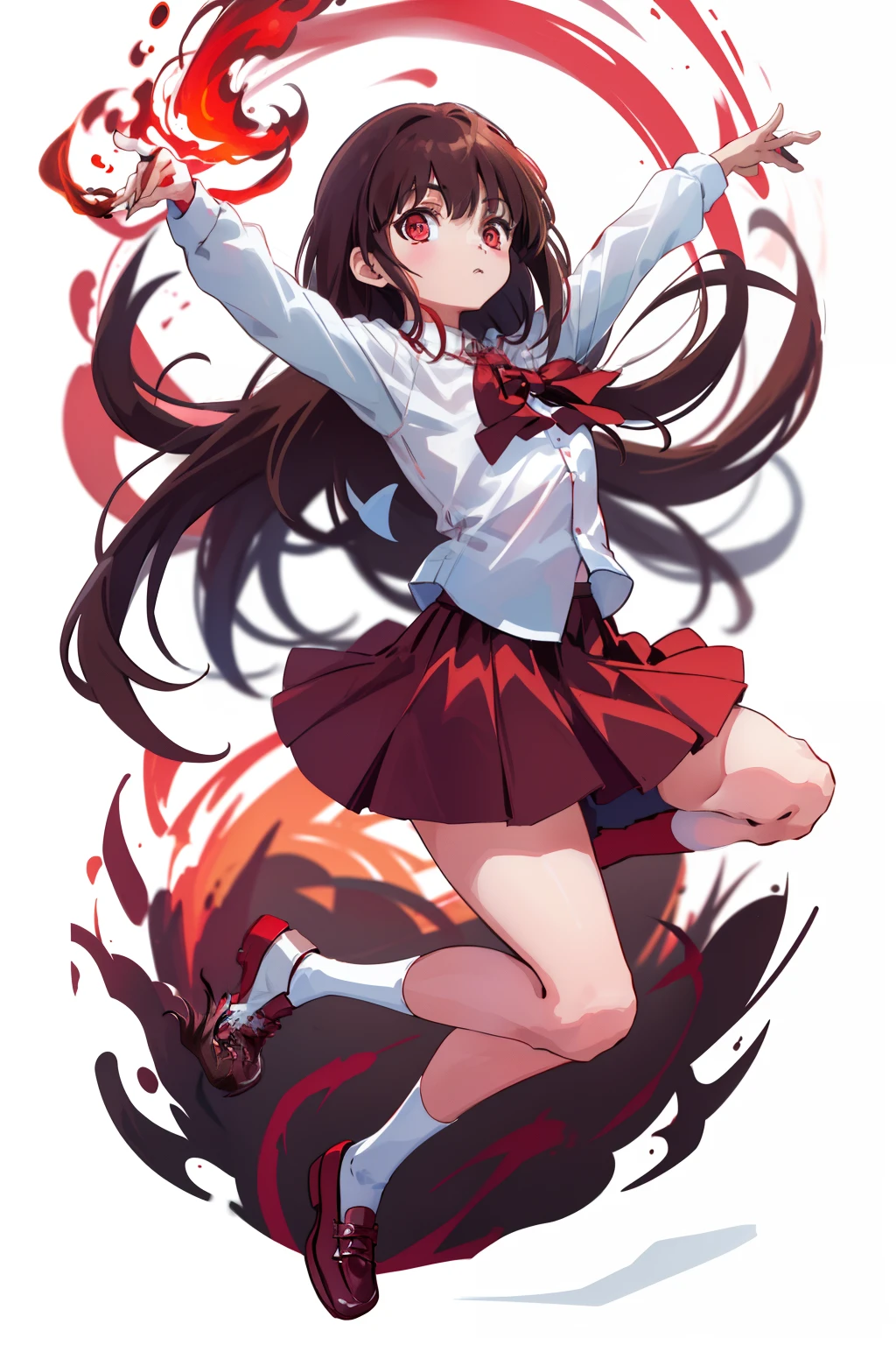 Little girl, White blouse , dynamic pose, brown hair, art galley, red eyes, red skirt, red shoes