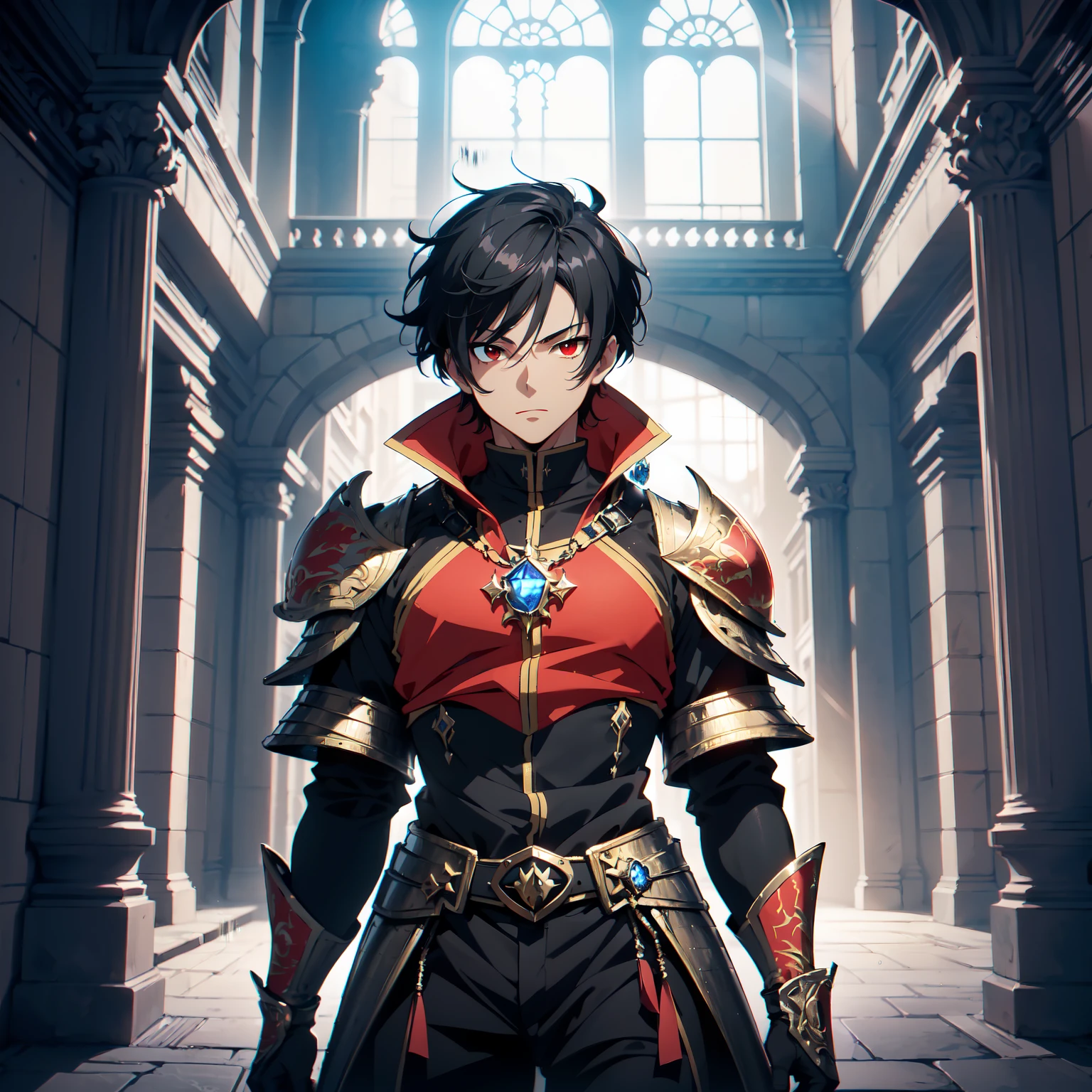 128K Ultra High Definition,
128K Ultra High Quality,
128K Ultra High Resolution,
Best Definition,
Best Quality,
Best Resolution,
Perfectly Detailed,
Perfectly Designed,
Extremely Detailed,
Extremely Designed,
Hyper Detailed,
Hyper Definition,
Hyper Quality,
Hyper Resolution,
Masterpiece,
(((Anime))),
Body Shot,
(((Boy))),
Handsome,
Muscular Body,
(((Black Short Hair))),
(((Red Eyes))),
(((Hyper Detailed & Perfectly Designed With Ultra High Quality Sapphire Warlord Armor))),
(((Inside Of Medieval Royal Palace Background Scenery))),