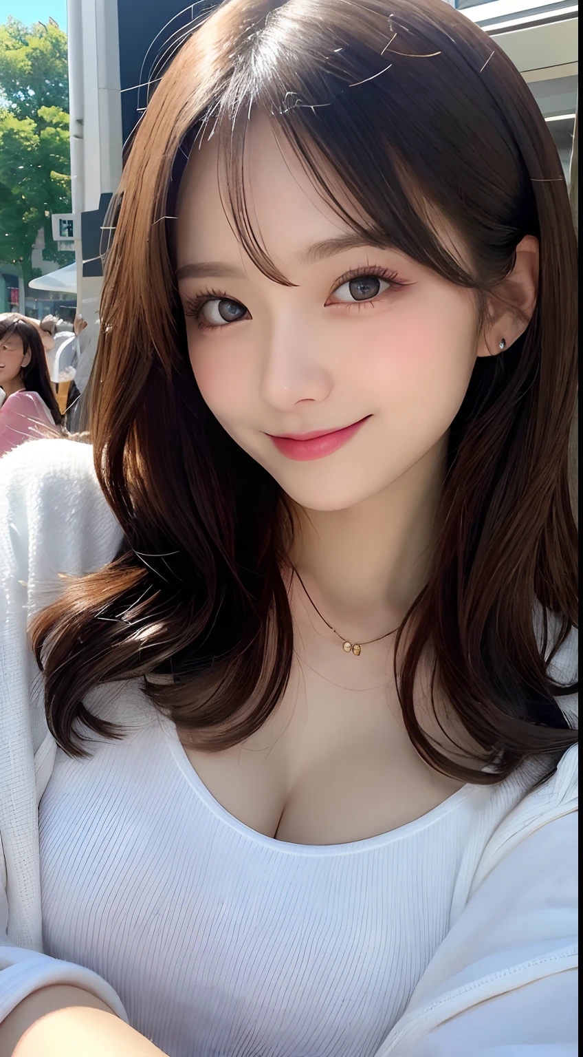 masutepiece, Best Quality, Illustration, Ultra-detailed, finely detail, hight resolution, 8K Wallpaper, Perfect dynamic composition, Beautiful detailed eyes, Women's Fashion Summer,Ponytail hair,Small breasts natural color lip, Bold sexy poses,Smile,Harajuku、20 years girl、Cute、Sexy shot looking at camera