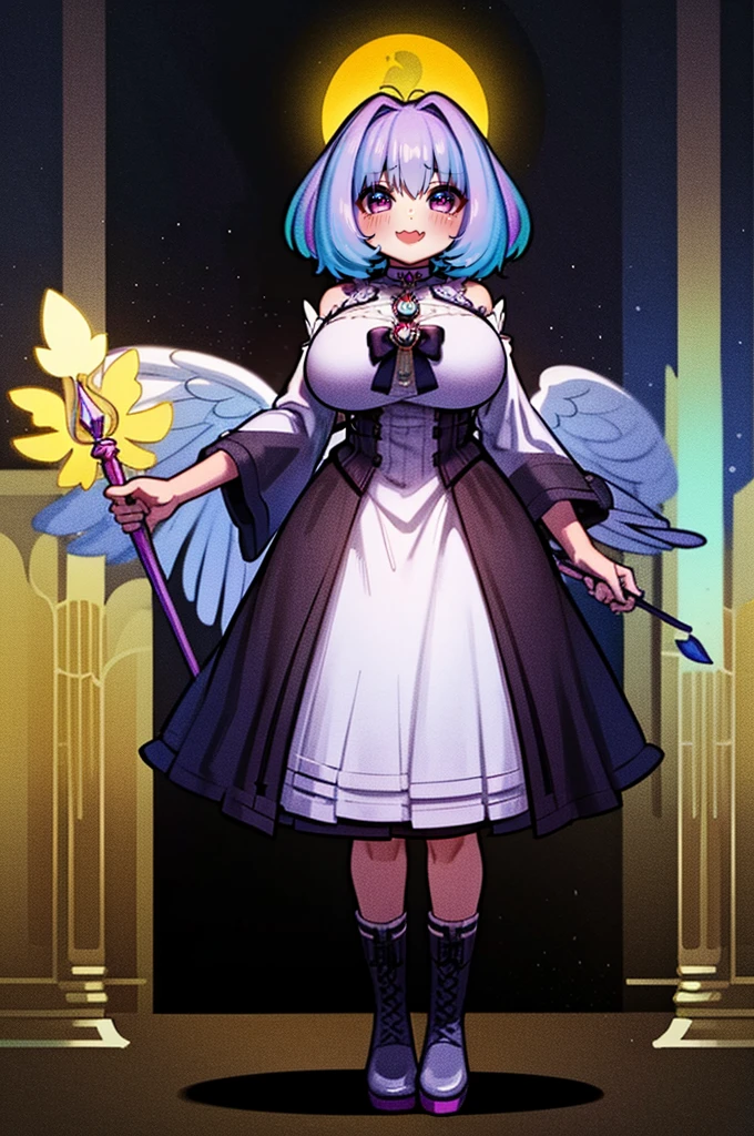 (best quality,masterpiece:1.2),intricate details,beautiful detailed eyes,beautiful detailed lips,extremely detailed eyes and face,longeyelashes,riamu, modeseven,super curvy,comic style,vibrant colors,standing,innocent, full body, standing, smile, princess dress, noble clothing, holy angel magicalgirl, open mouth fang, holy haura, halo, smile, joyfull, paladin, staff holding, full body , boots, standing,cute,breast, curvy, female,fantasy goddess,there is a cartoon picture of a woman with a very large breast, glowing angelic being, glowing holy aura, inspired by Luma Rouge, the non-binary deity of spring, ethereal rainbow nimbus, the butterfly goddess of fire, inspired by Marie Angel, glowing aura around her, astral fairy, as the goddess of the sun, “uwu the prismatic person, big breast, happy, beautiful eyes, , full body, walking, long robe, long dress, ,priestess ,holy, smile, long skirt