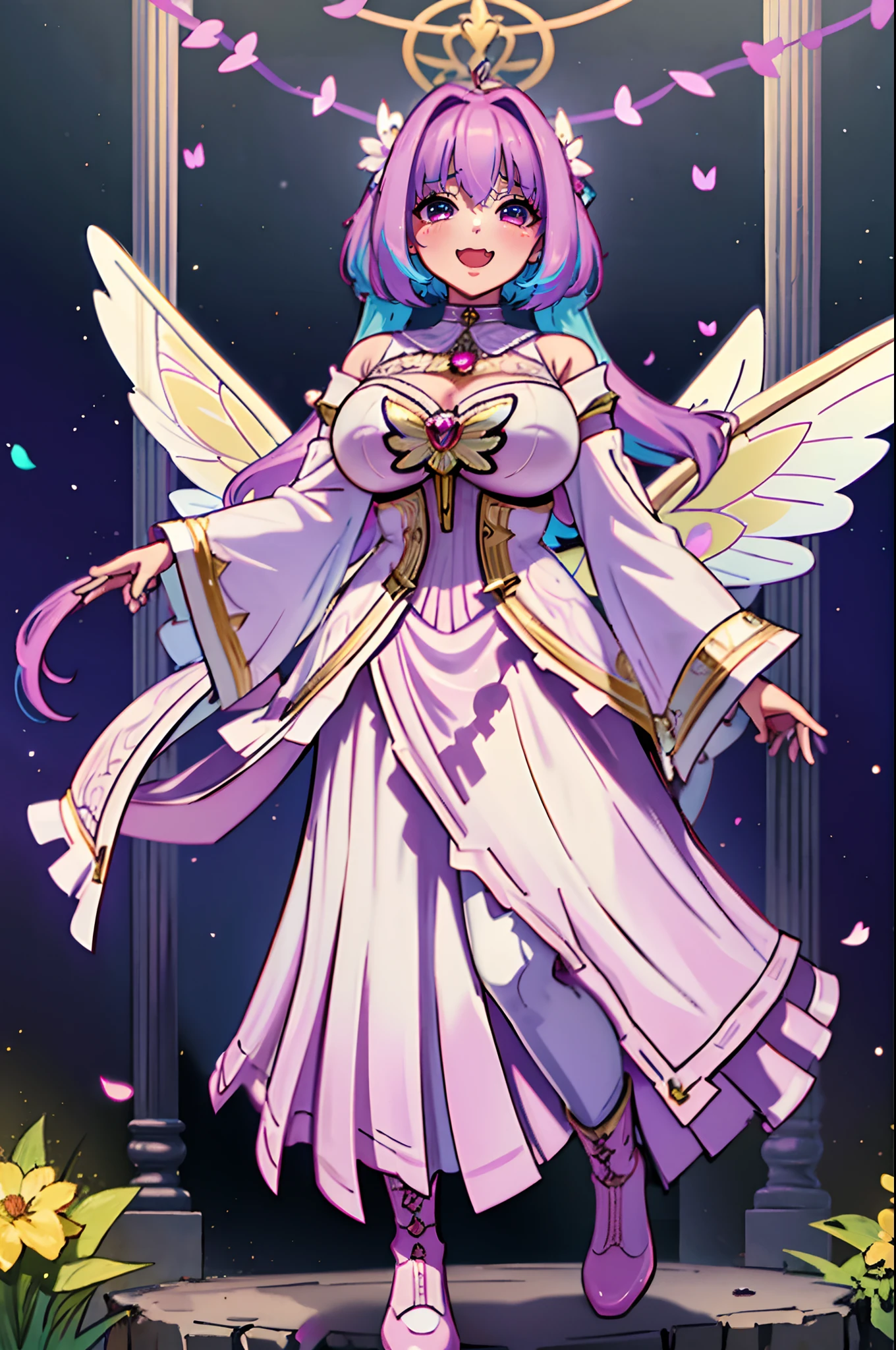 (best quality,masterpiece:1.2),intricate details,beautiful detailed eyes,beautiful detailed lips,extremely detailed eyes and face,longeyelashes,riamu, modeseven,super curvy,comic style,vibrant colors,standing,innocent, full body, standing, smile, princess dress, noble clothing, holy angel magicalgirl, open mouth fang, holy haura, halo, smile, joyfull, paladin, staff holding, full body , boots, standing,cute,breast, curvy, female,fantasy goddess,there is a cartoon picture of a woman with a very large breast, glowing angelic being, glowing holy aura, inspired by Luma Rouge, the non-binary deity of spring, ethereal rainbow nimbus, the butterfly goddess of fire, inspired by Marie Angel, glowing aura around her, astral fairy, as the goddess of the sun, “uwu the prismatic person, big breast, happy, beautiful eyes, , full body, walking, long robe, long dress, ,priestess ,holy, smile