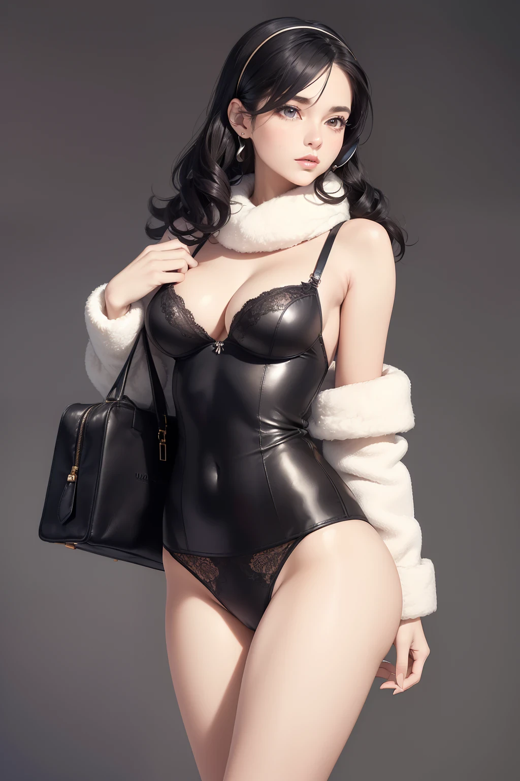 ((masterpiece, best quality, ultra-detailed, ultra-HD, photorealistic, cinematic)), ((alluring female model)), perfect body, voluptuous body, perfect anatomy, perfect face, perfect hands, large cleavage, round ass, round legs, (raven-black hair styled in loose curls), (donning a cozy winter suit with a faux fur collar, earmuffs, and a stylish leather handbag), (winter background), (medium shot:1.5), (seductive undergarments:1.2)