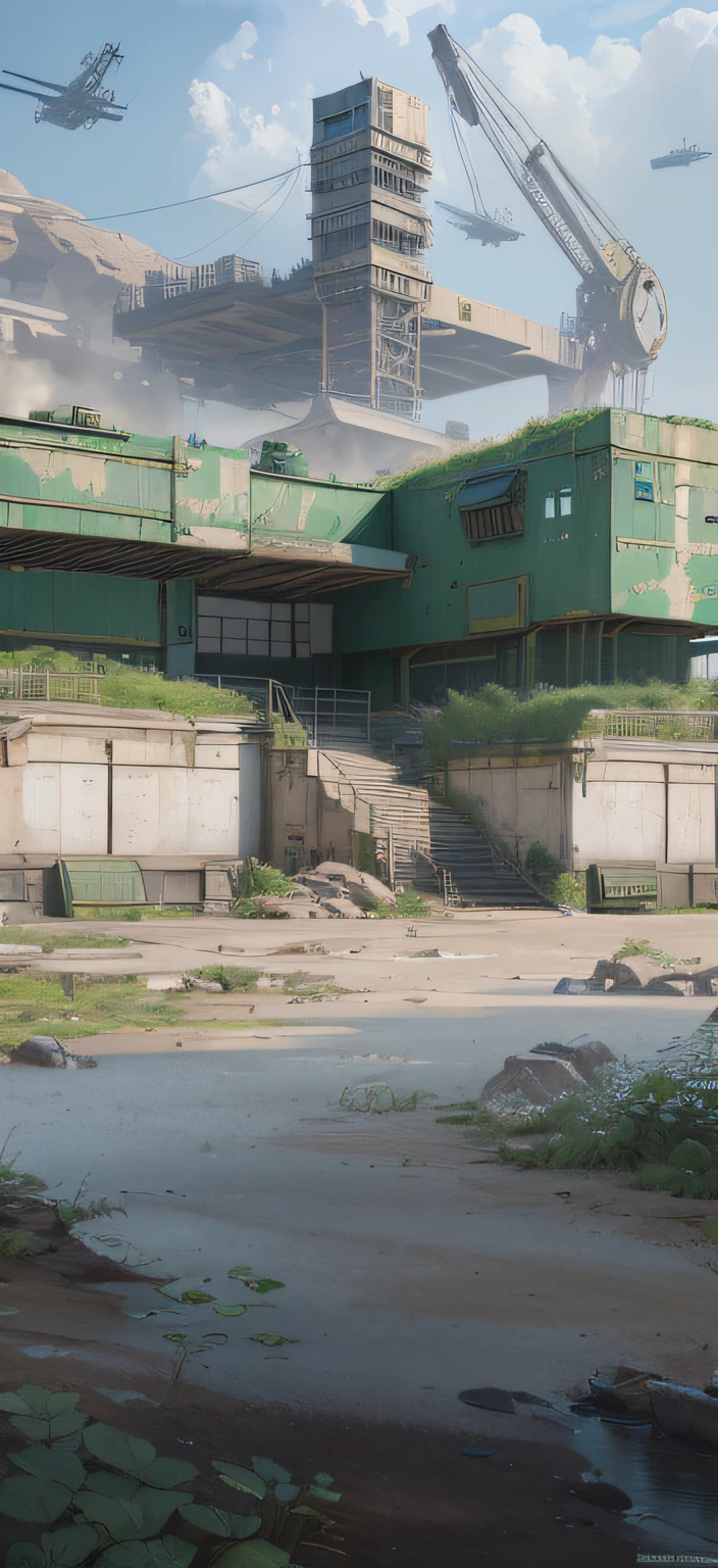 Girl in the garden, Crane in the background, Military outpost, highly detailed concept art, fps game concept art, Ultra detailed concept art, clean concept art, mining outpost, Concept art of Legendary Apex, highly detailed concept art, highly realistic concept art, Ernest Khalimov（Ernest Khalimov）concept-art, Concept art - H 640, military base, (Best quality,4K,8K,A high resolution,Masterpiece:1.2), Ultra-detailed, (Realistic,Photorealistic,photo-realistic:1.37), hdr, hyper HD, Studio lighting, Ultra-fine painting, Sharp focus, Physically-based rendering, Extreme detail description, professional, Vivid colors, Bokeh, sportrait, landscape, Horror, anime, Sci-fi, Photography, Concept artist, Warm color tones, Intense backlight effect.Very clear texture mapping